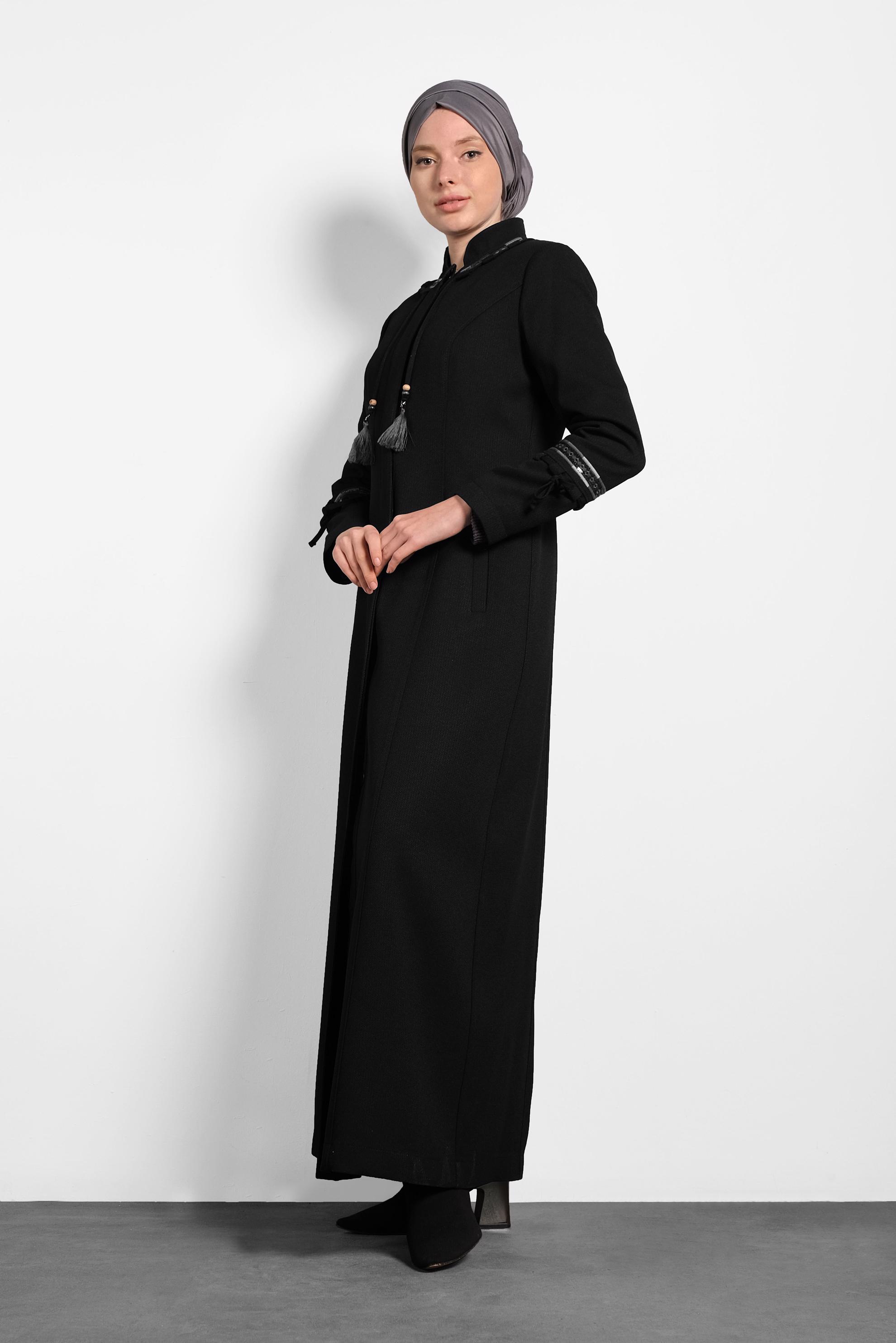 Tesettür giyim SİYAH HAKİM YAKA DÜĞMELİ PARDESÜ 10002 