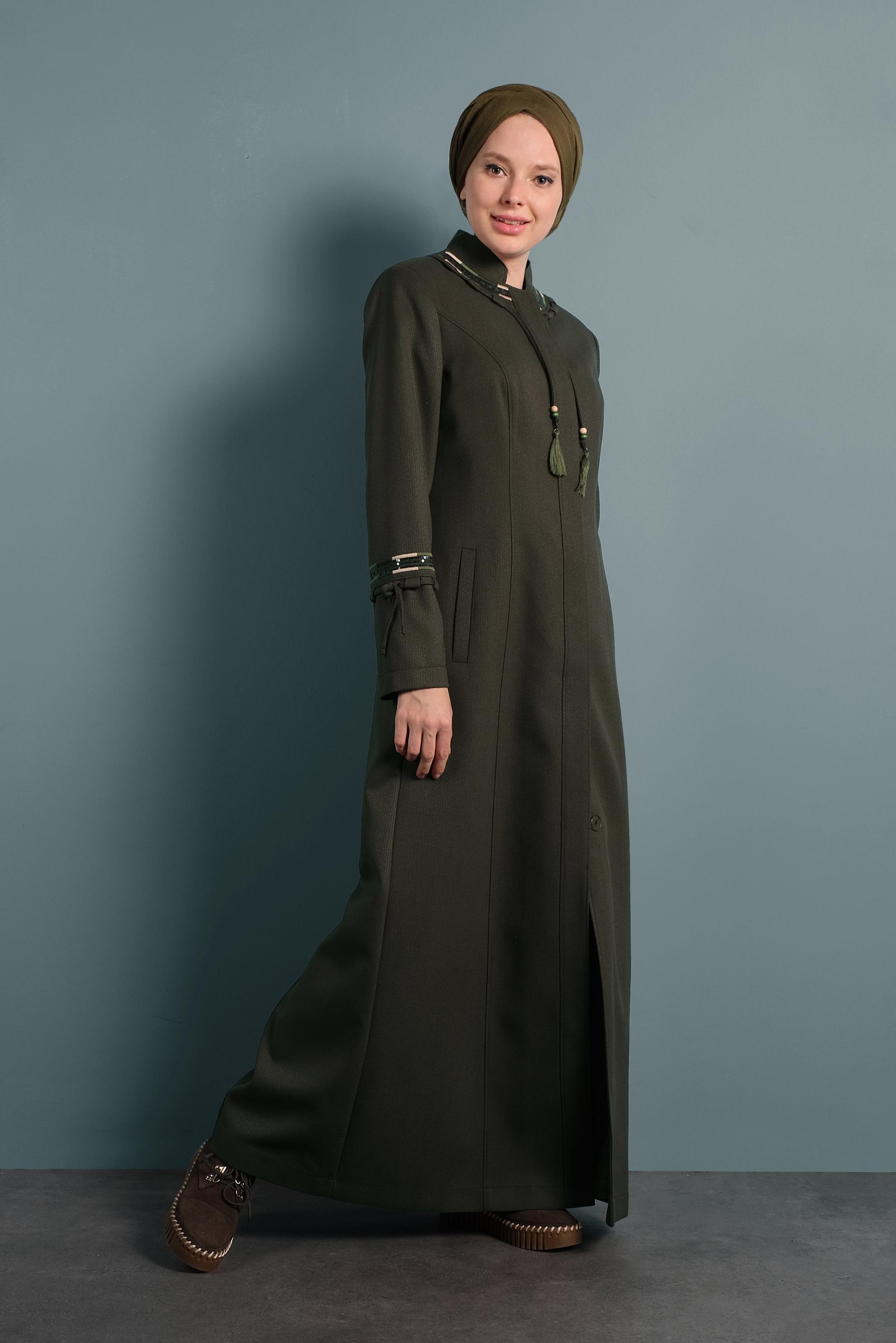 Hijab clothing KHAKI MANDARIN COLLAR BUTTONED TOPCOAT 10002