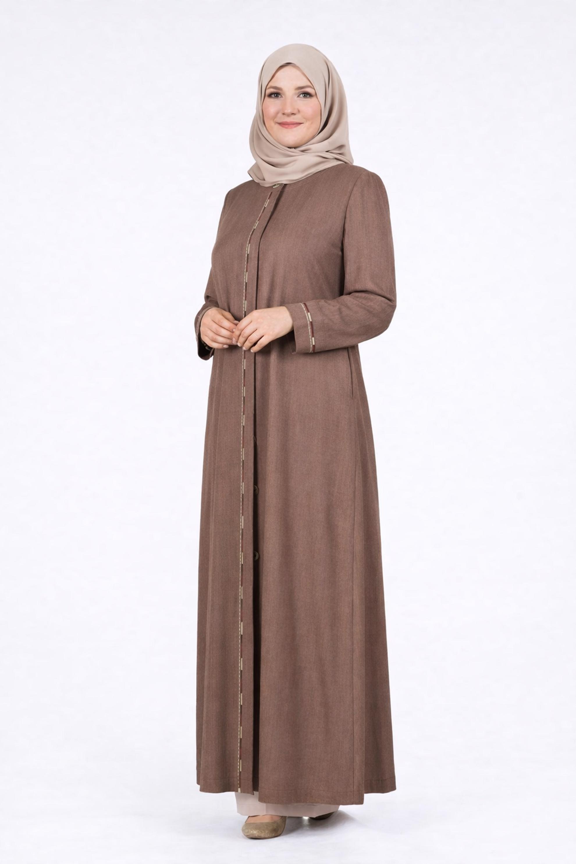 Tesettür giyim KAHVE YUVARLAK YAKA NAKIŞLI PARDESÜ 10018