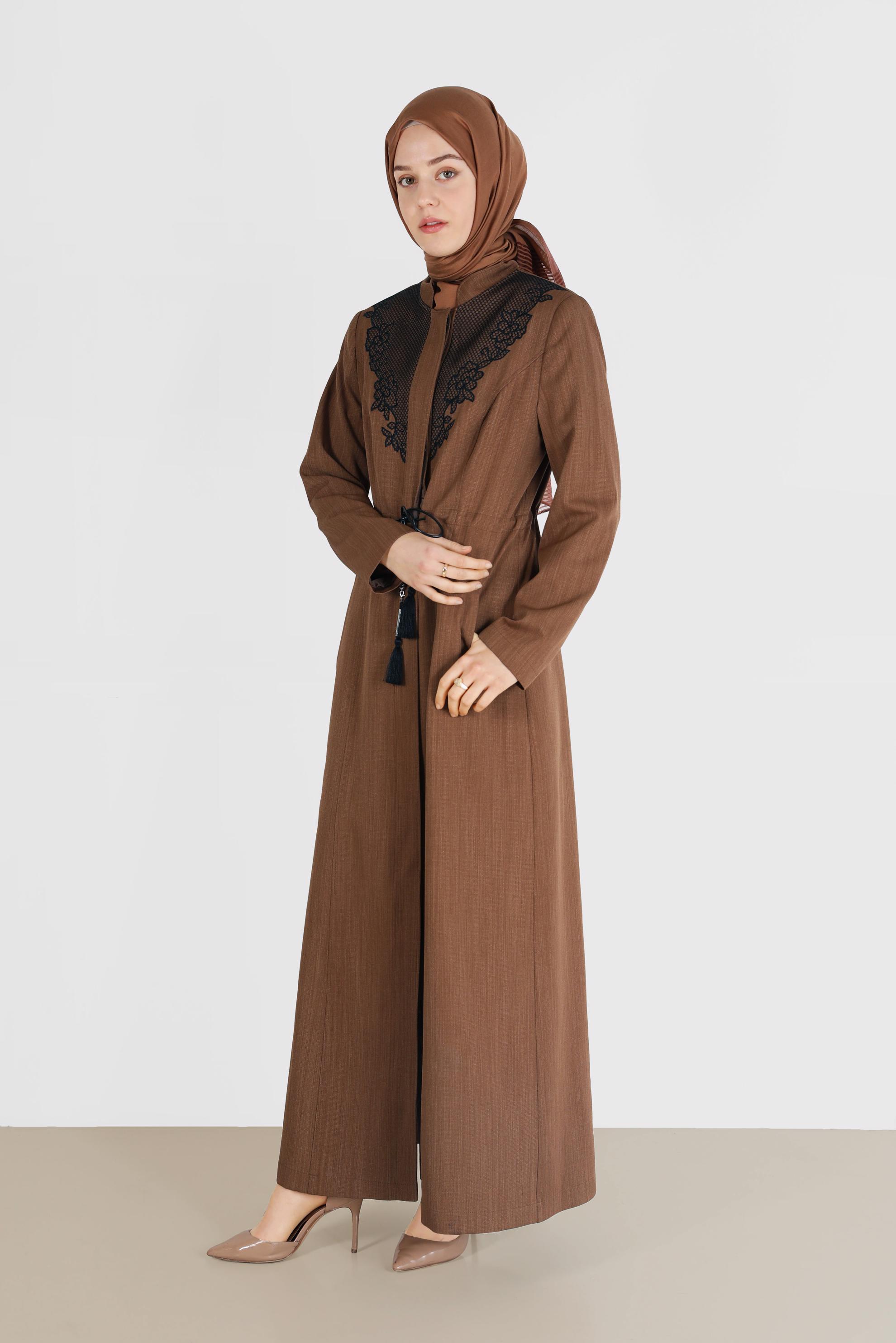Tesettür giyim KAHVE DÜĞMELİ BELİ BAĞCIKLI PARDESÜ 10122