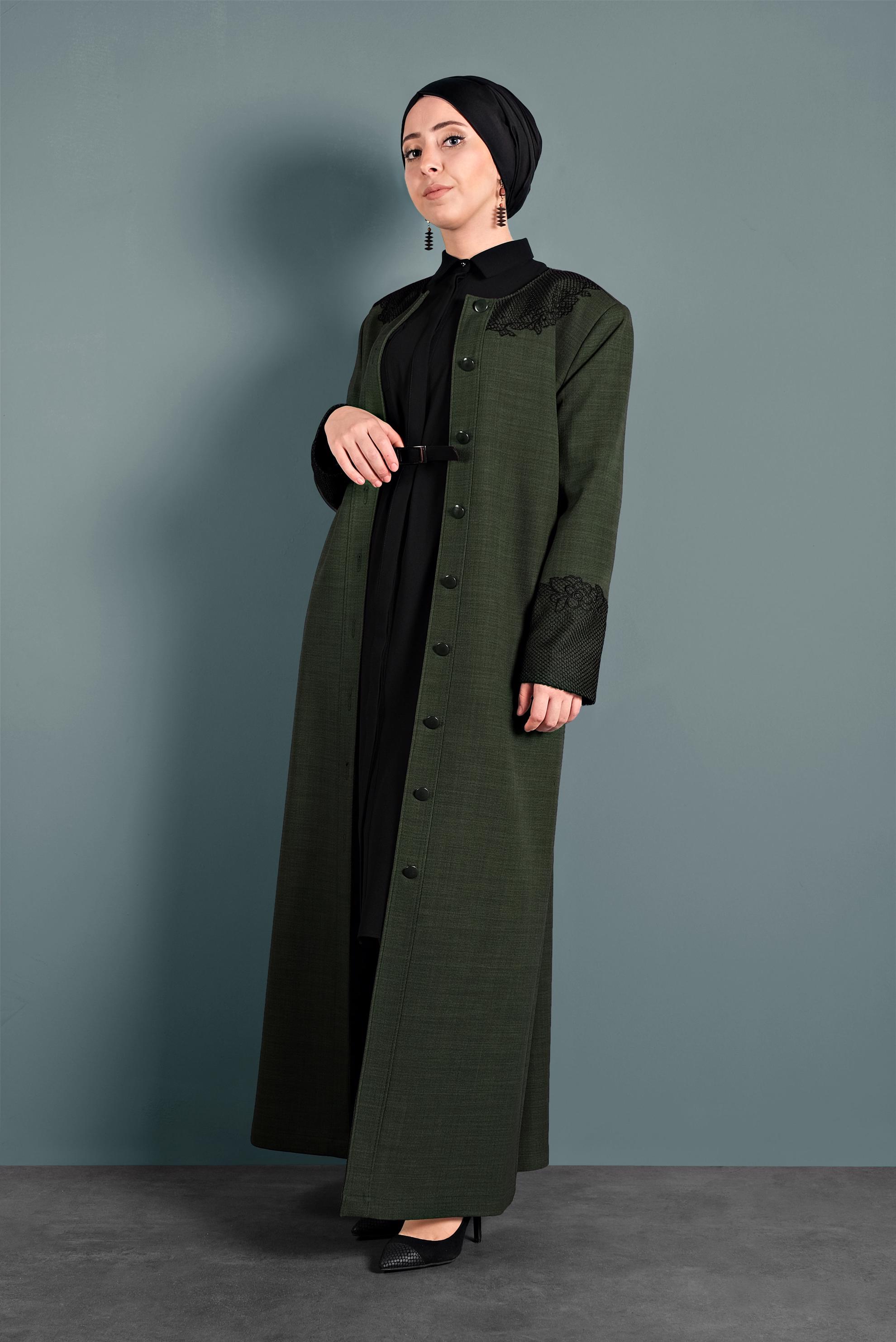 Tesettür giyim HAKİ NAKIŞLI PARDESÜ 10123 