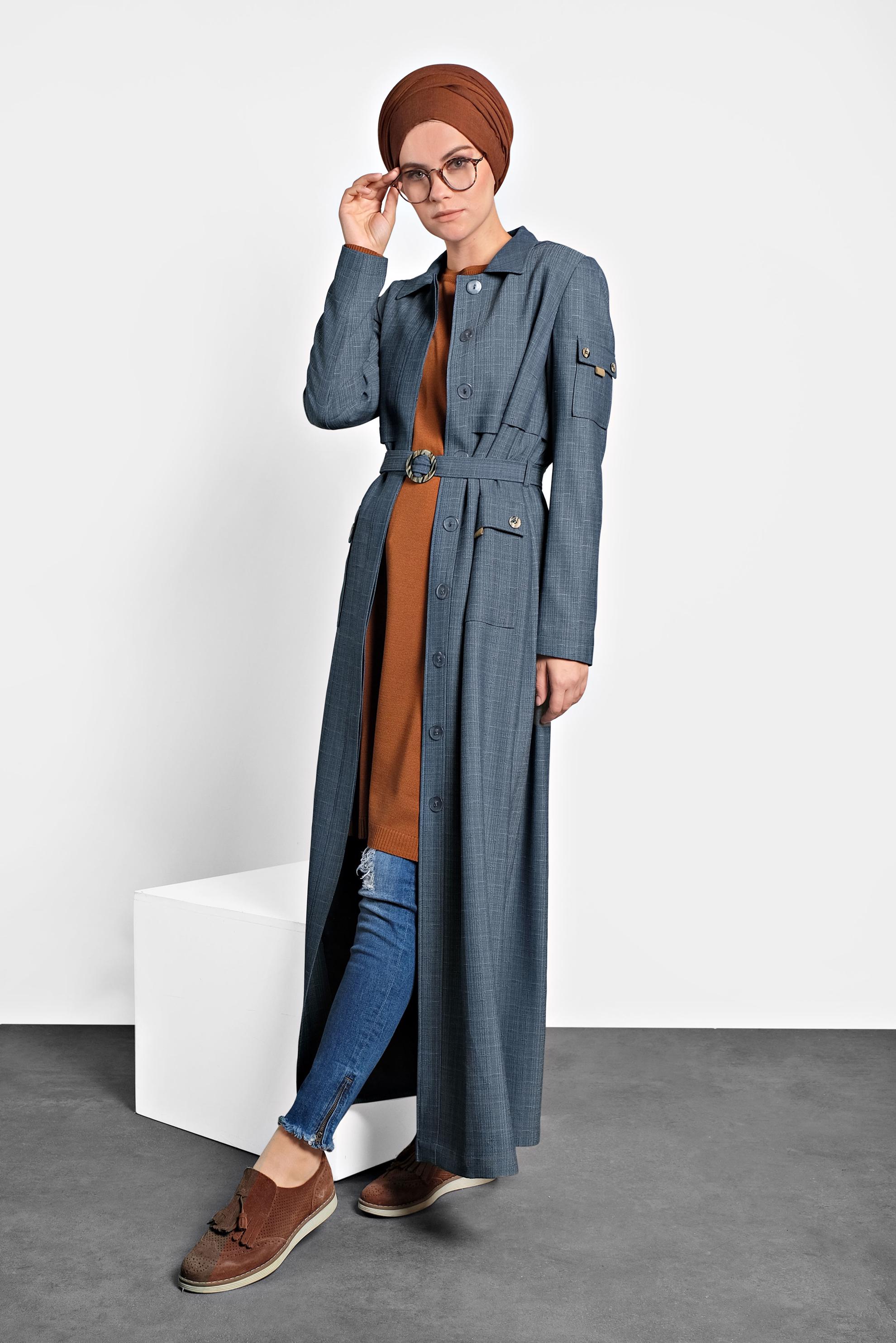 Tesettür giyim LACİVERT KEMERLİ PARDESÜ 10127 