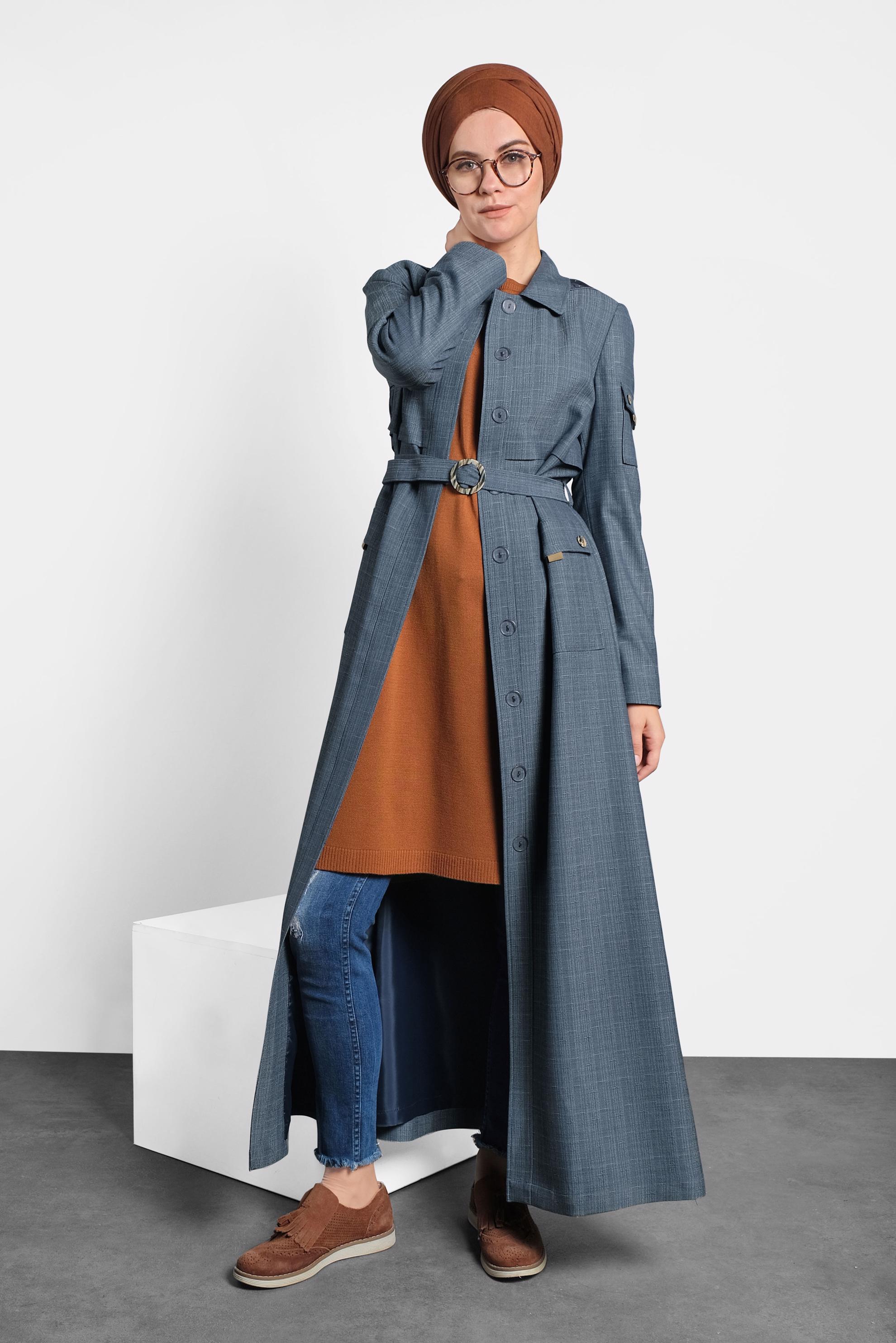 Tesettür giyim LACİVERT KEMERLİ PARDESÜ 10127 