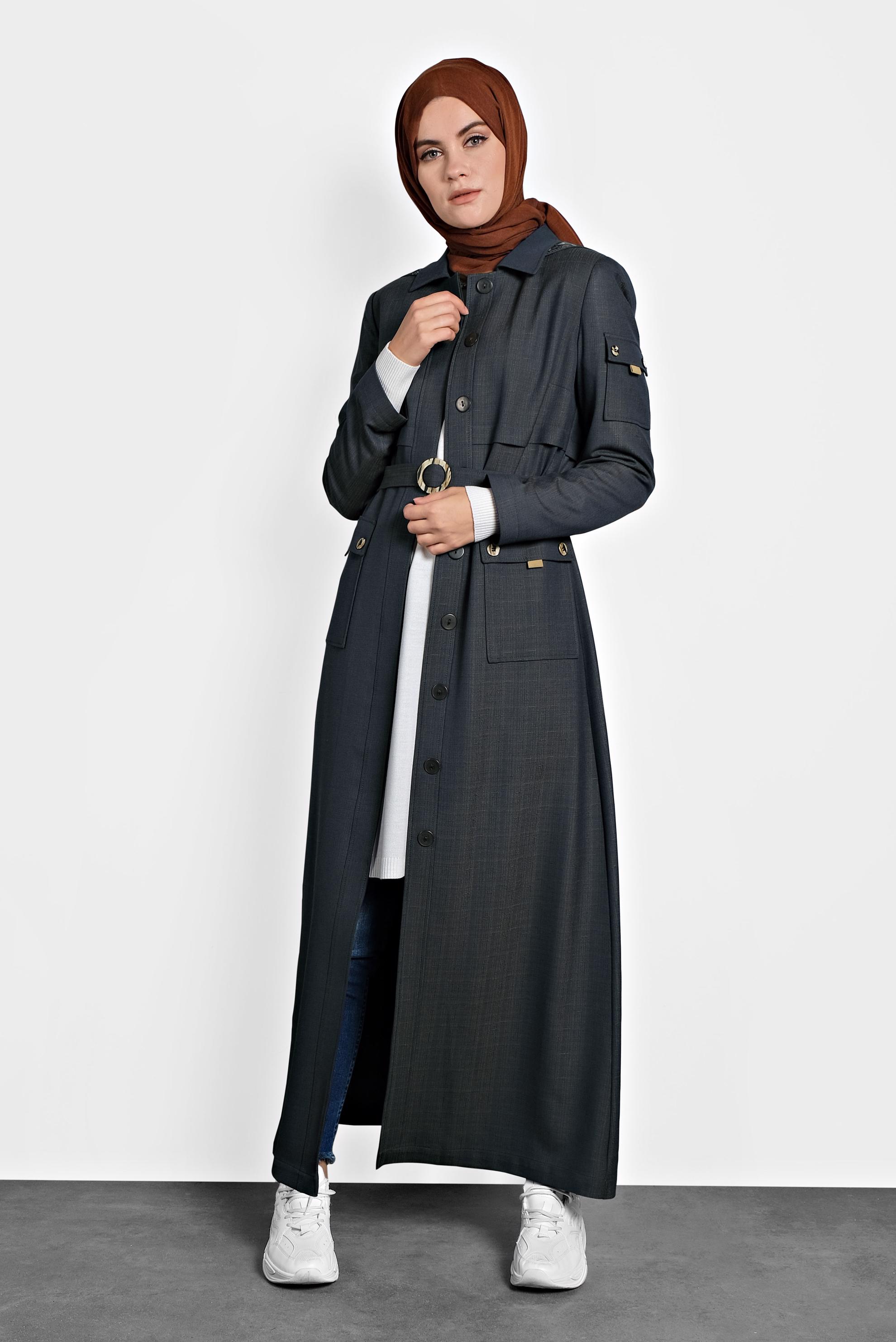 Tesettür giyim MAVİ KEMERLİ PARDESÜ 10127 