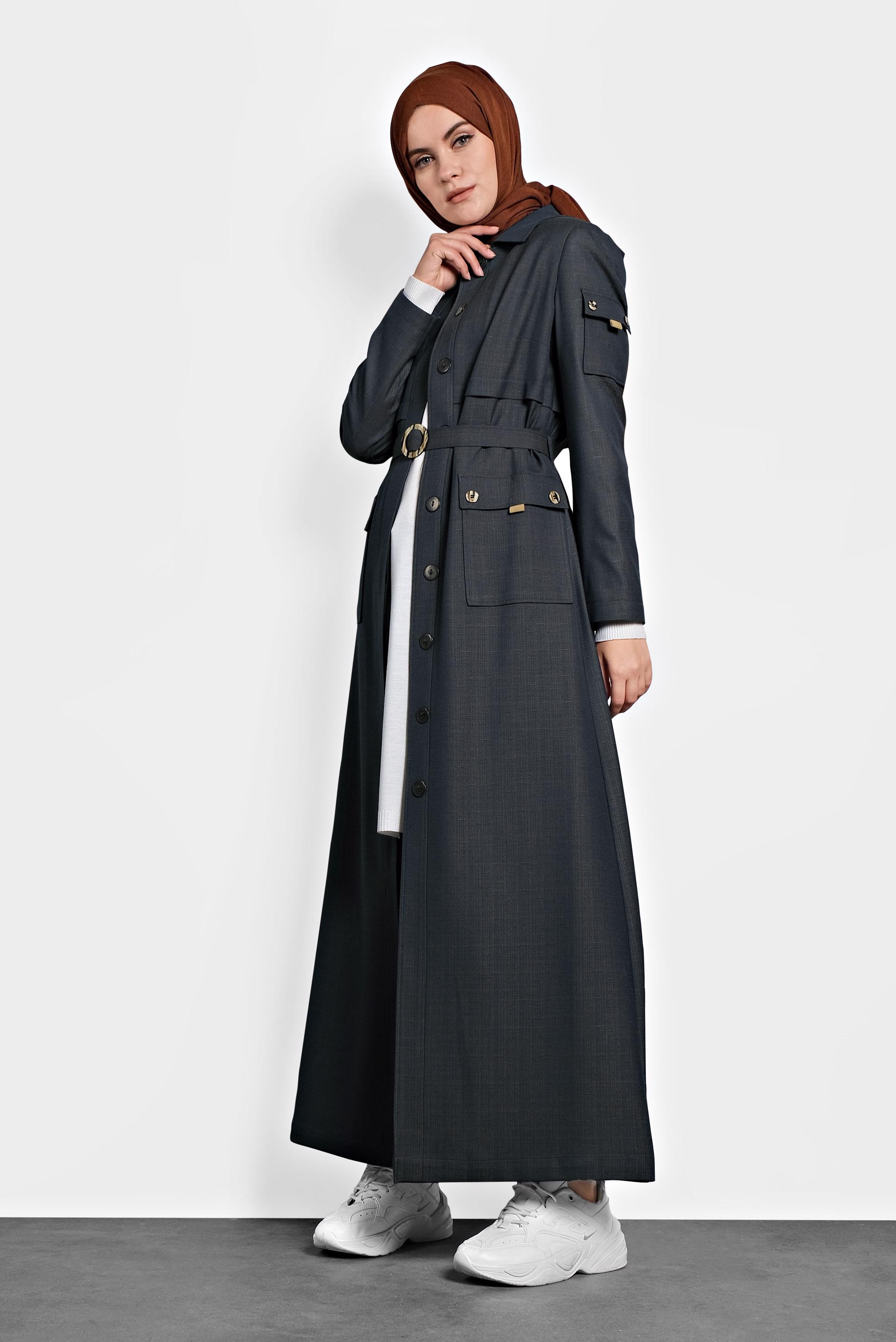 Tesettür giyim MAVİ KEMERLİ PARDESÜ 10127 