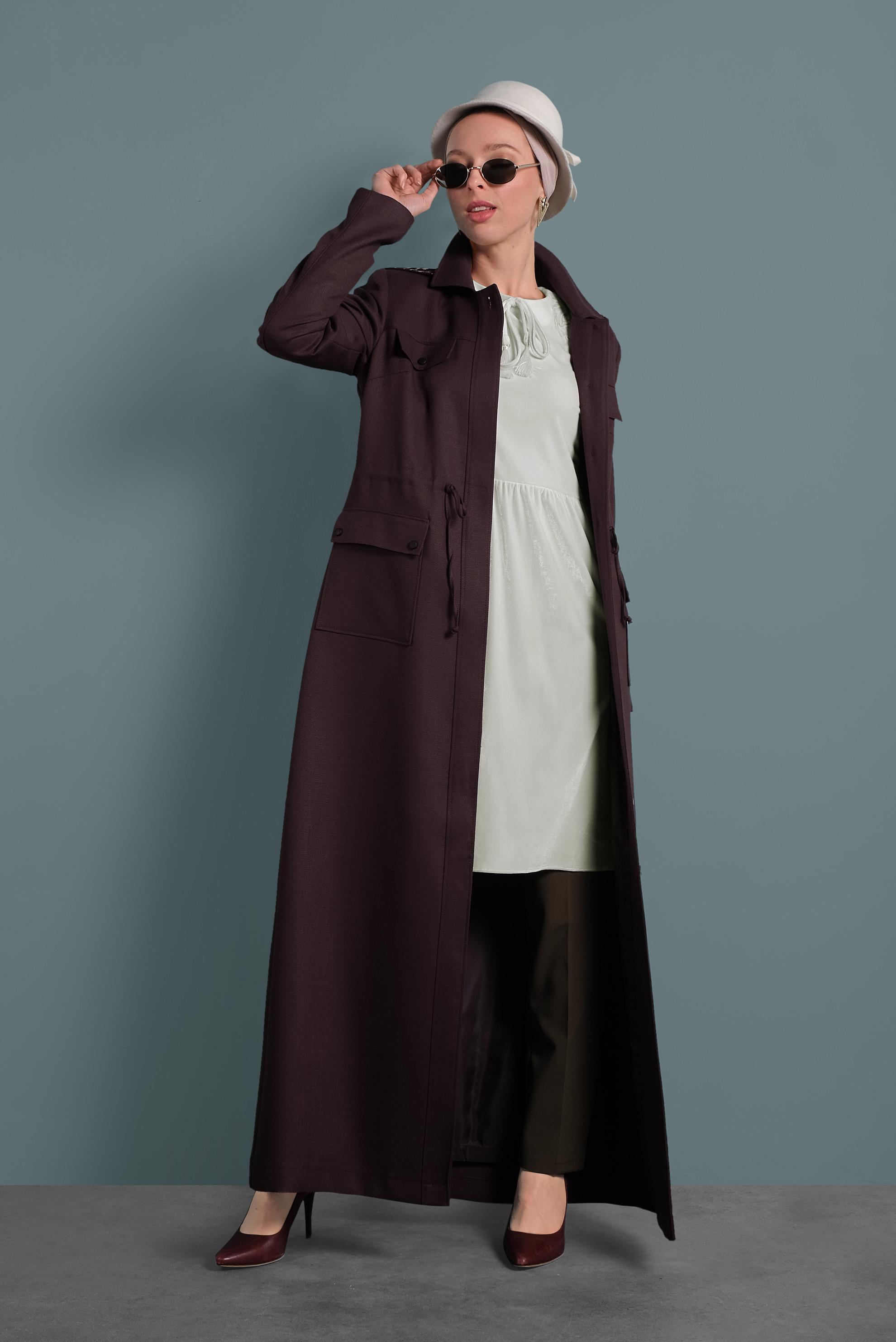 Hijab clothing BROWN HOODED TOPCOAT WITH POCKETS 10128 
