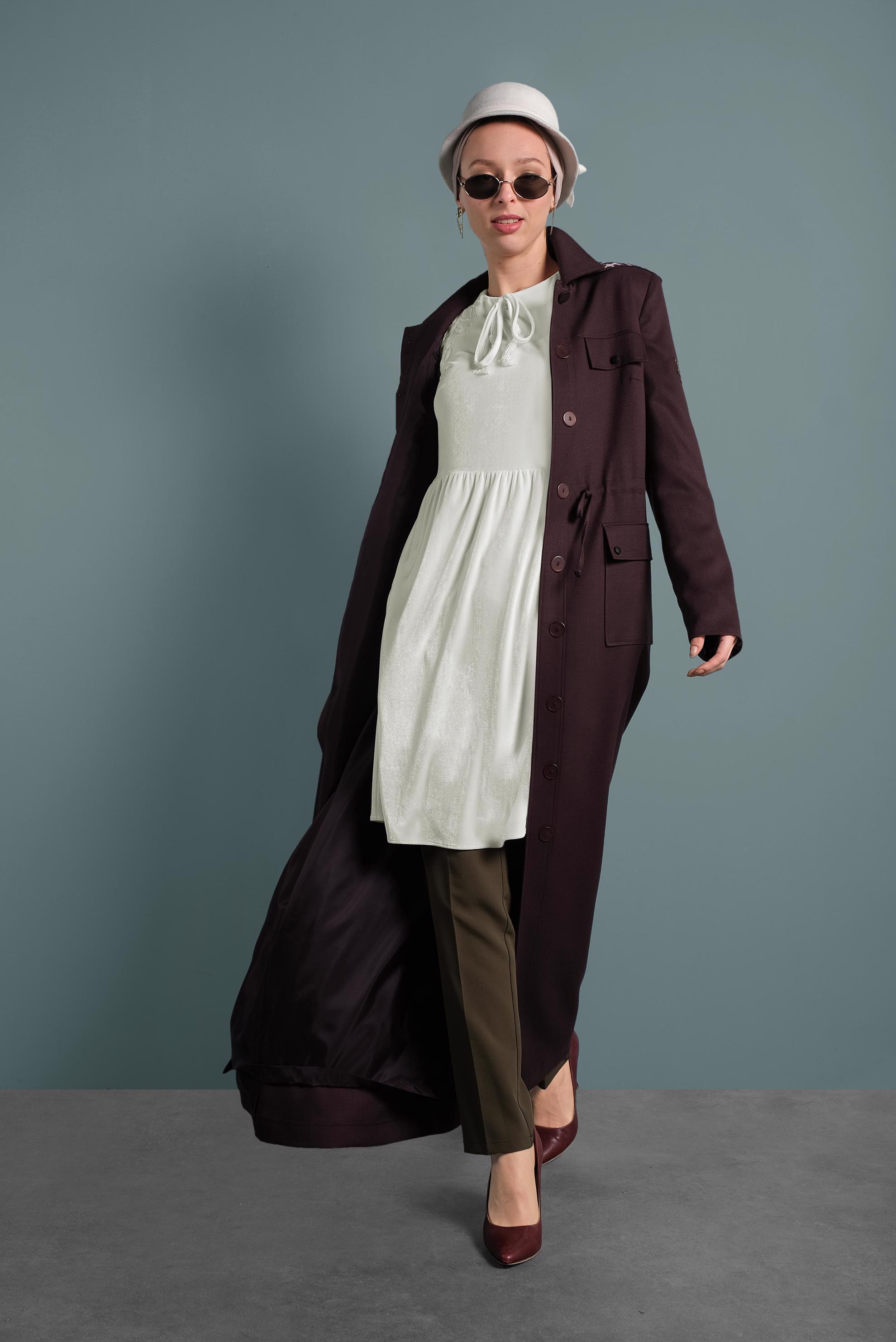 Hijab clothing BROWN HOODED TOPCOAT WITH POCKETS 10128 