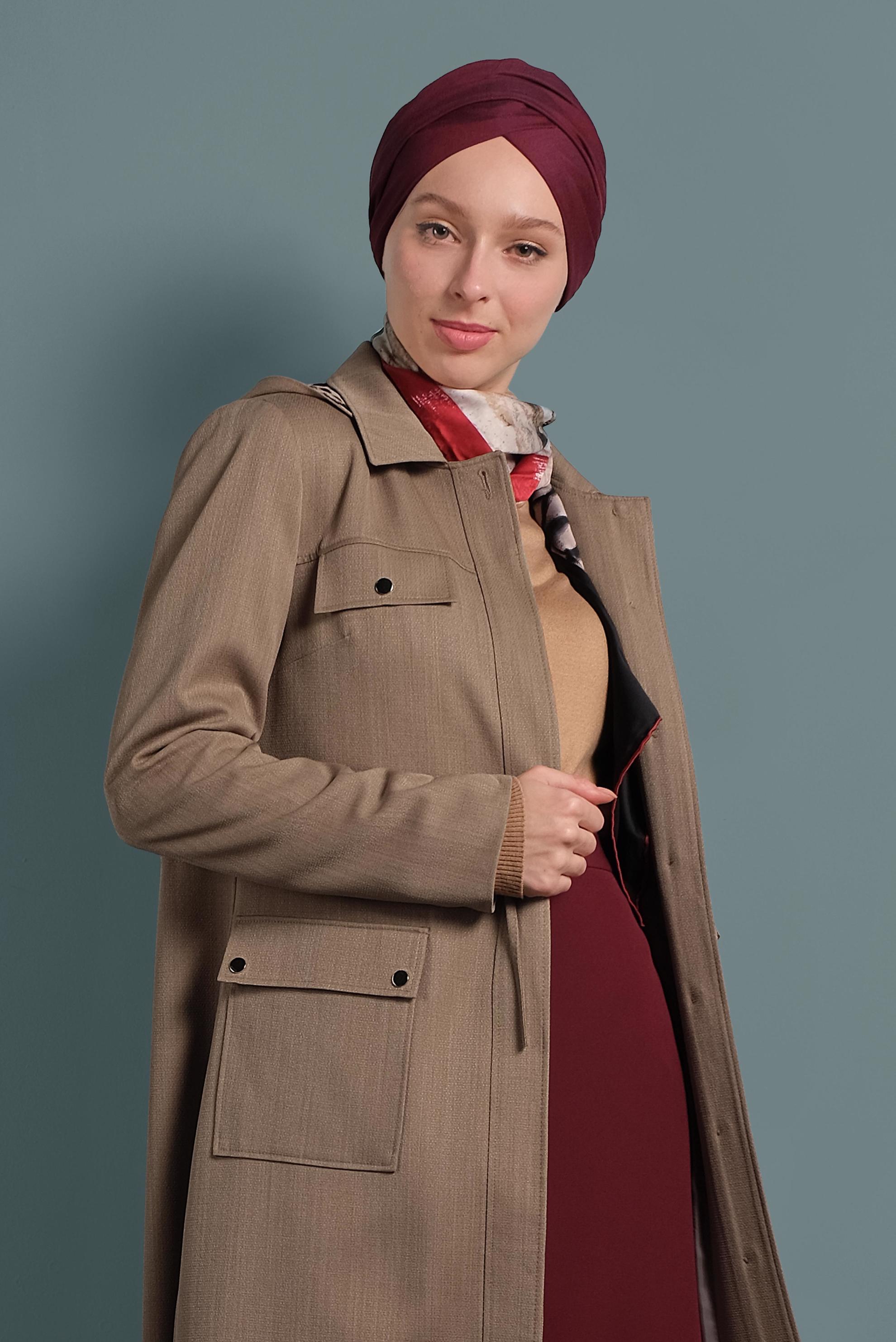 Tesettür giyim KAHVE CEPLİ KAPÜŞONLU PARDESÜ 10128