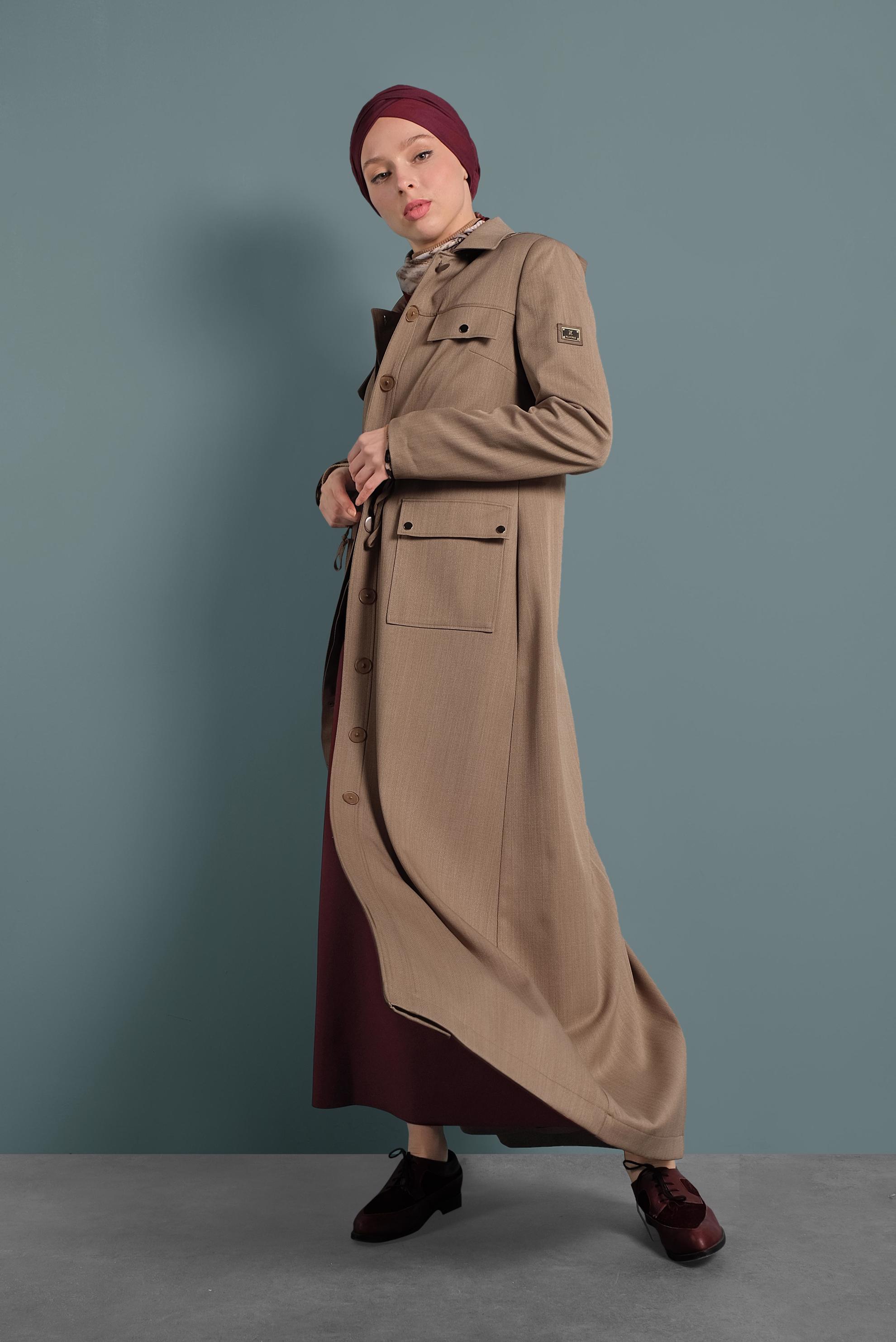 Tesettür giyim KAHVE CEPLİ KAPÜŞONLU PARDESÜ 10128