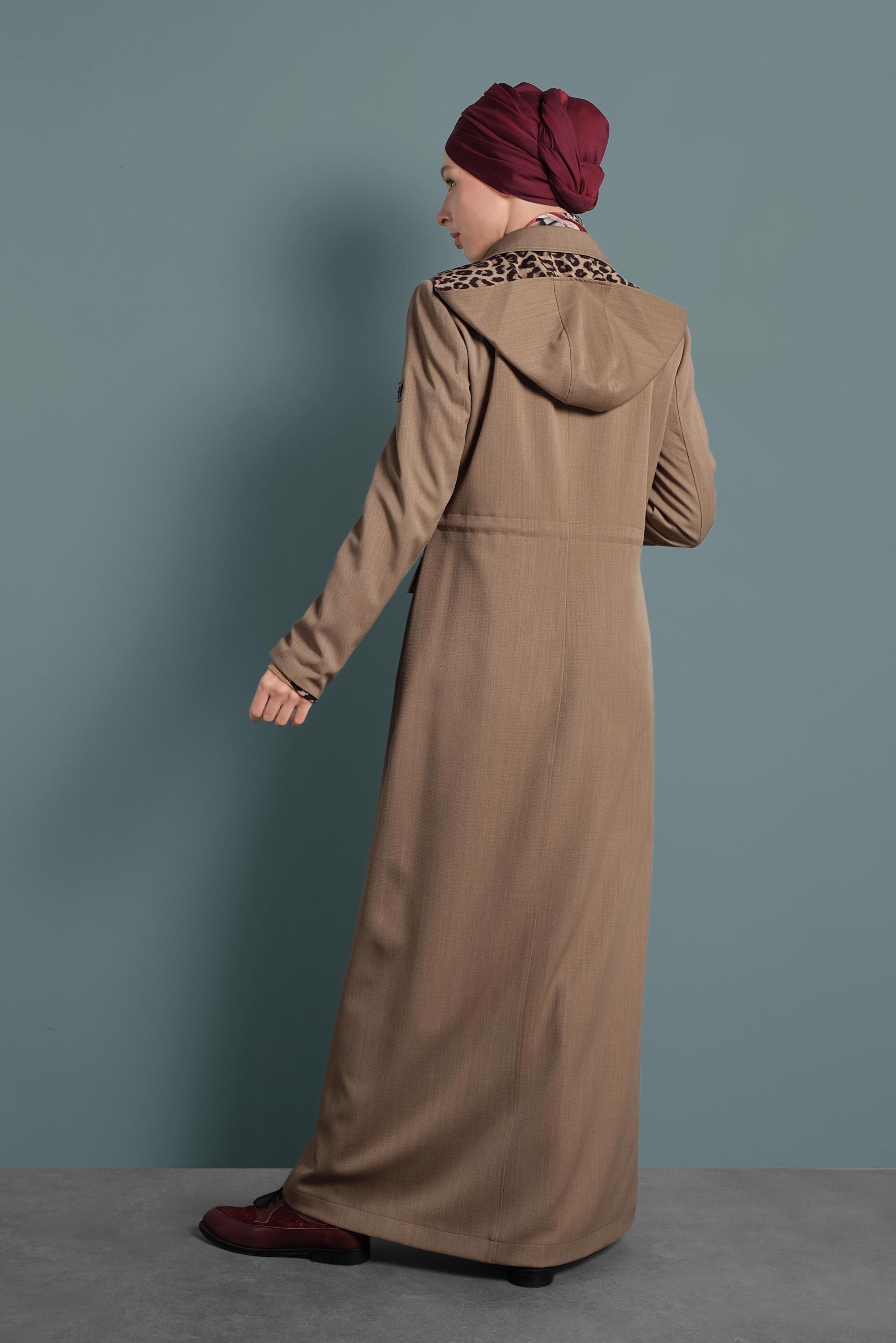 Tesettür giyim KAHVE CEPLİ KAPÜŞONLU PARDESÜ 10128