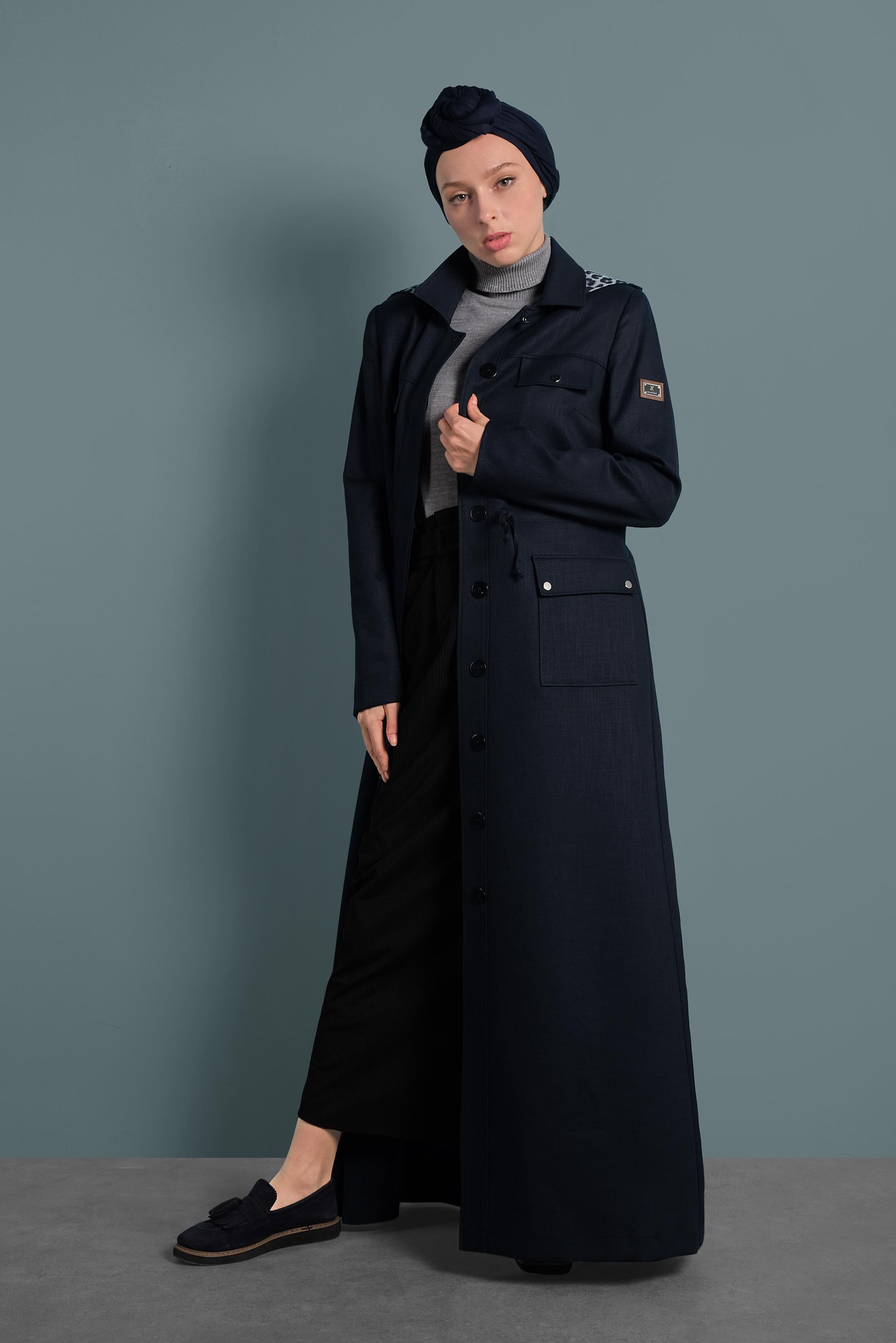 Hijab clothing NAVY BLUE HOODED TOPCOAT WITH POCKETS 10128 
