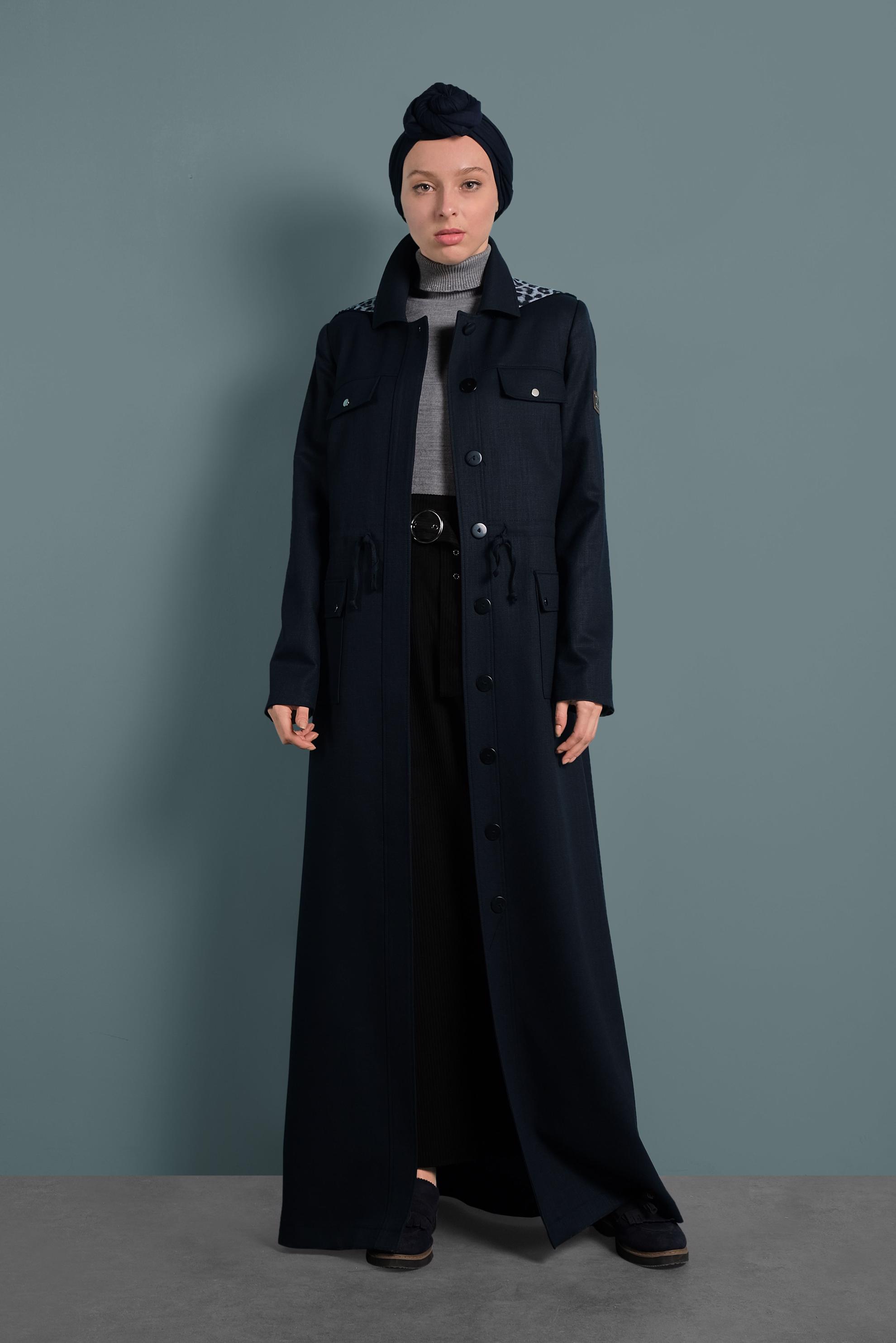 Hijab clothing NAVY BLUE HOODED TOPCOAT WITH POCKETS 10128 