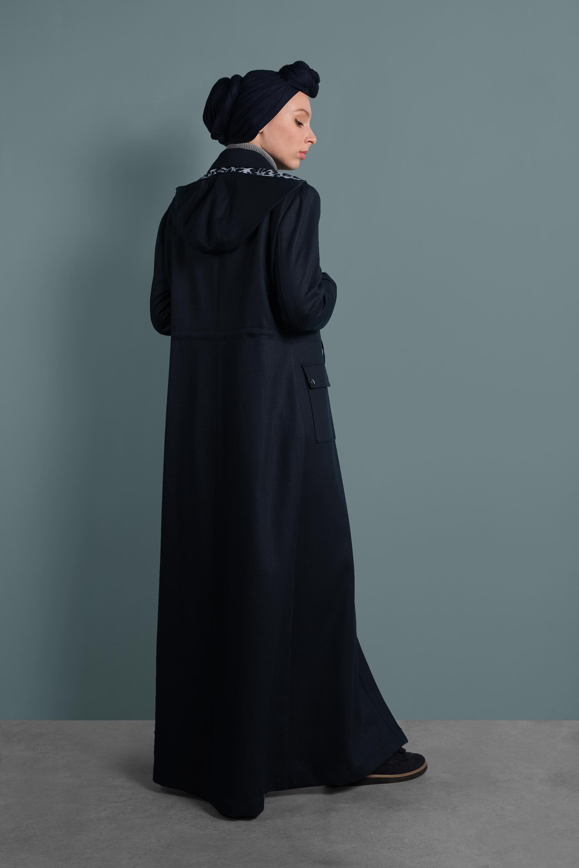 Hijab clothing NAVY BLUE HOODED TOPCOAT WITH POCKETS 10128 