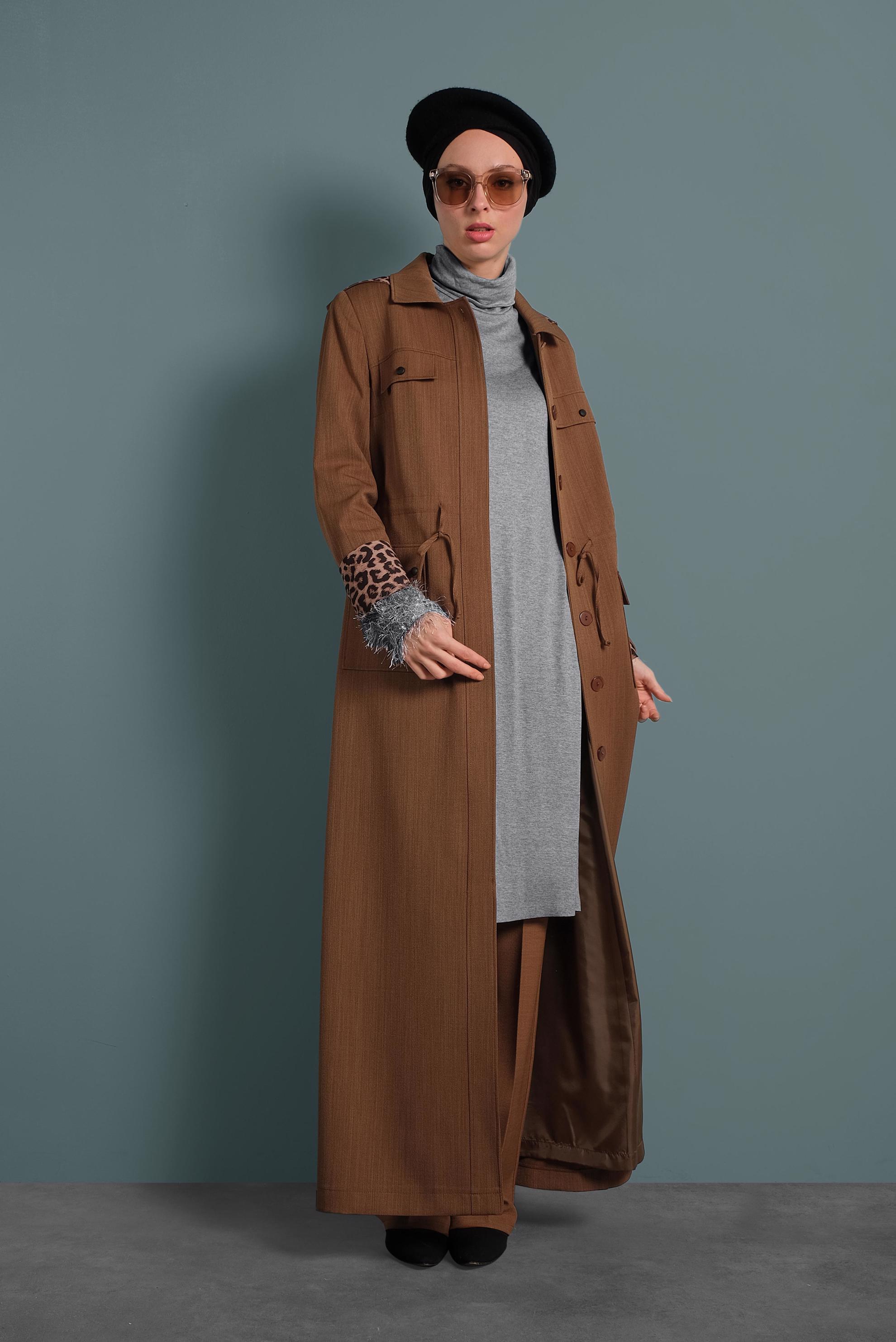 Tesettür giyim KAHVE CEPLİ KAPÜŞONLU PARDESÜ 10128