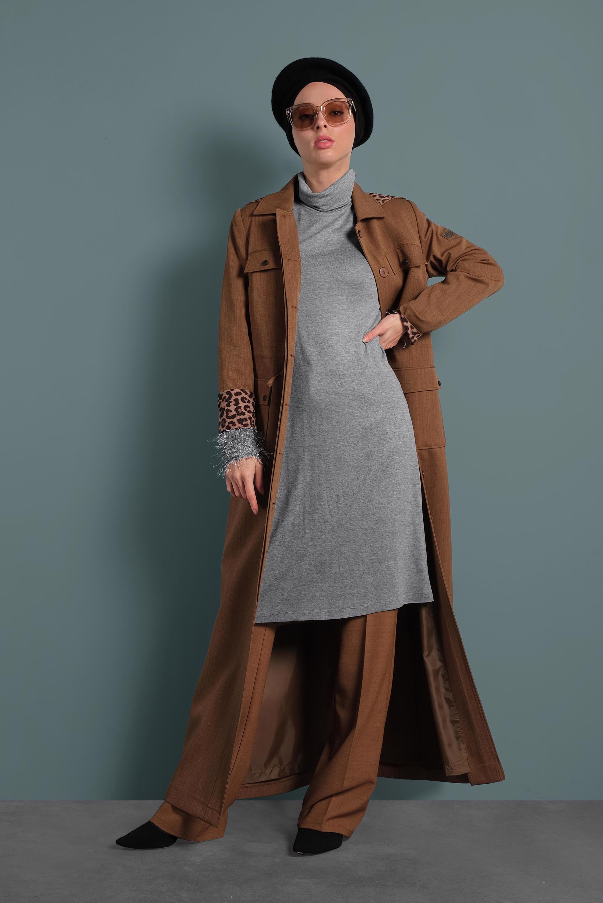 Tesettür giyim KAHVE CEPLİ KAPÜŞONLU PARDESÜ 10128