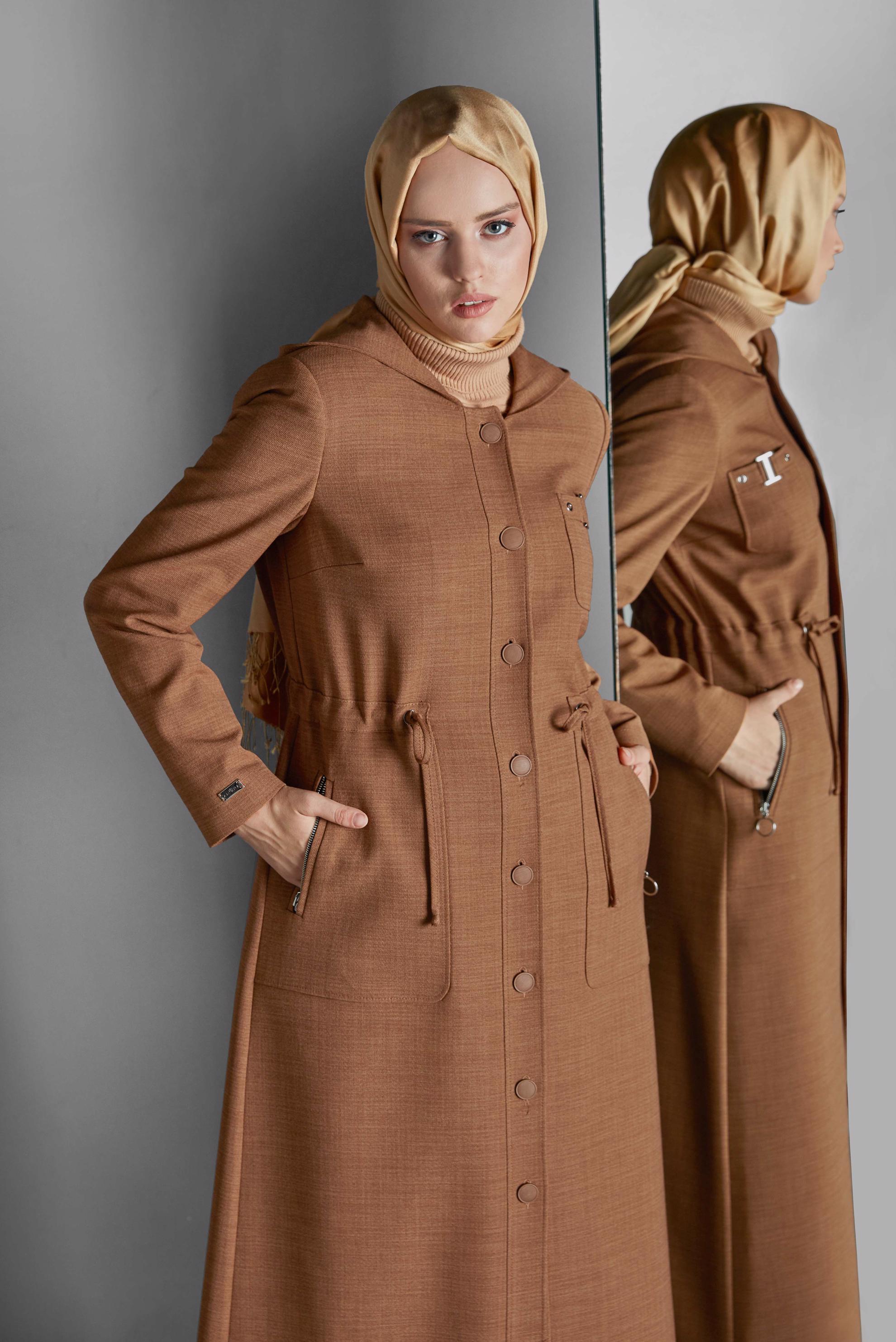 Hijab clothing BROWN BUTTONED HOODED TOPCOAT 10130 