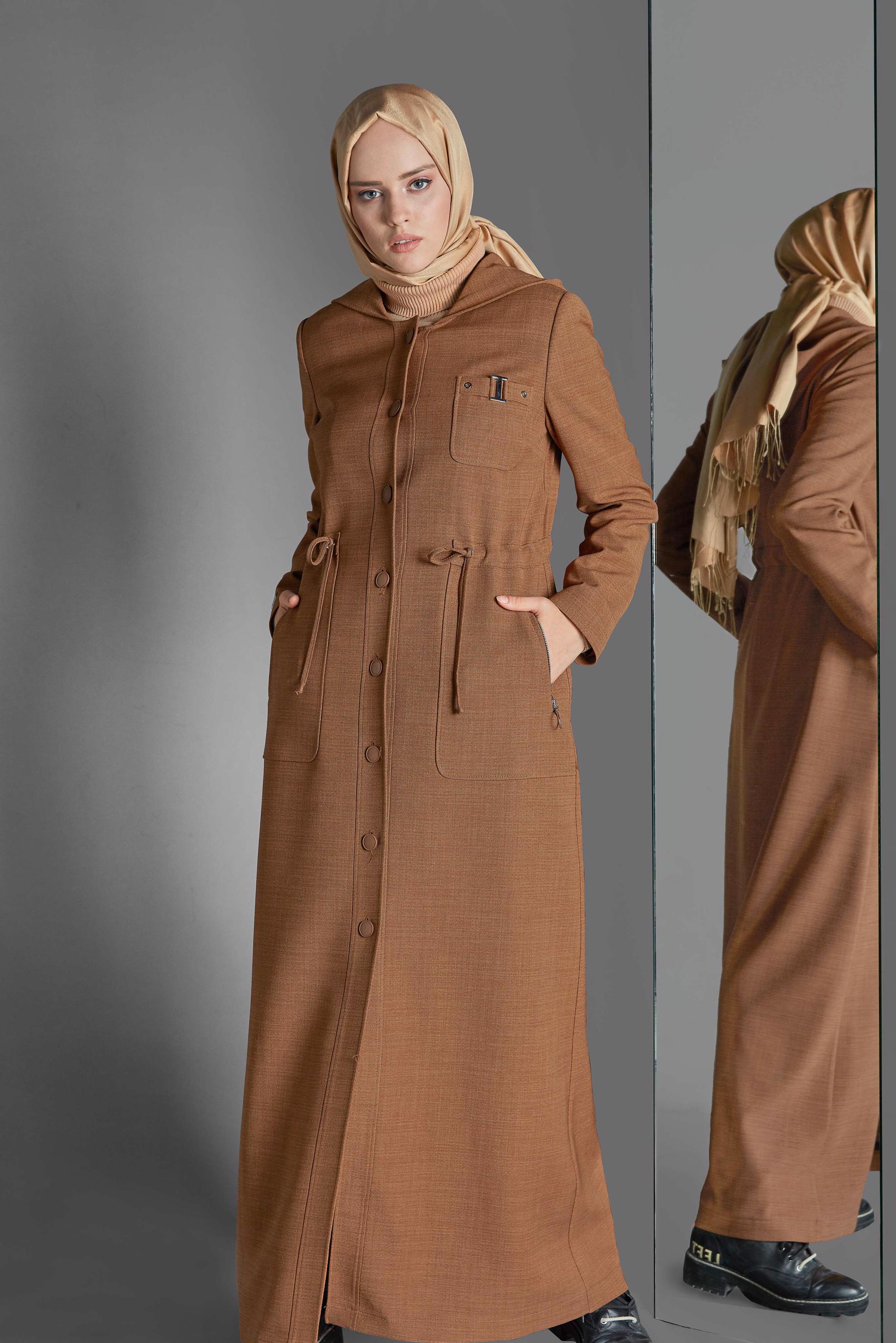Hijab clothing BROWN BUTTONED HOODED TOPCOAT 10130 