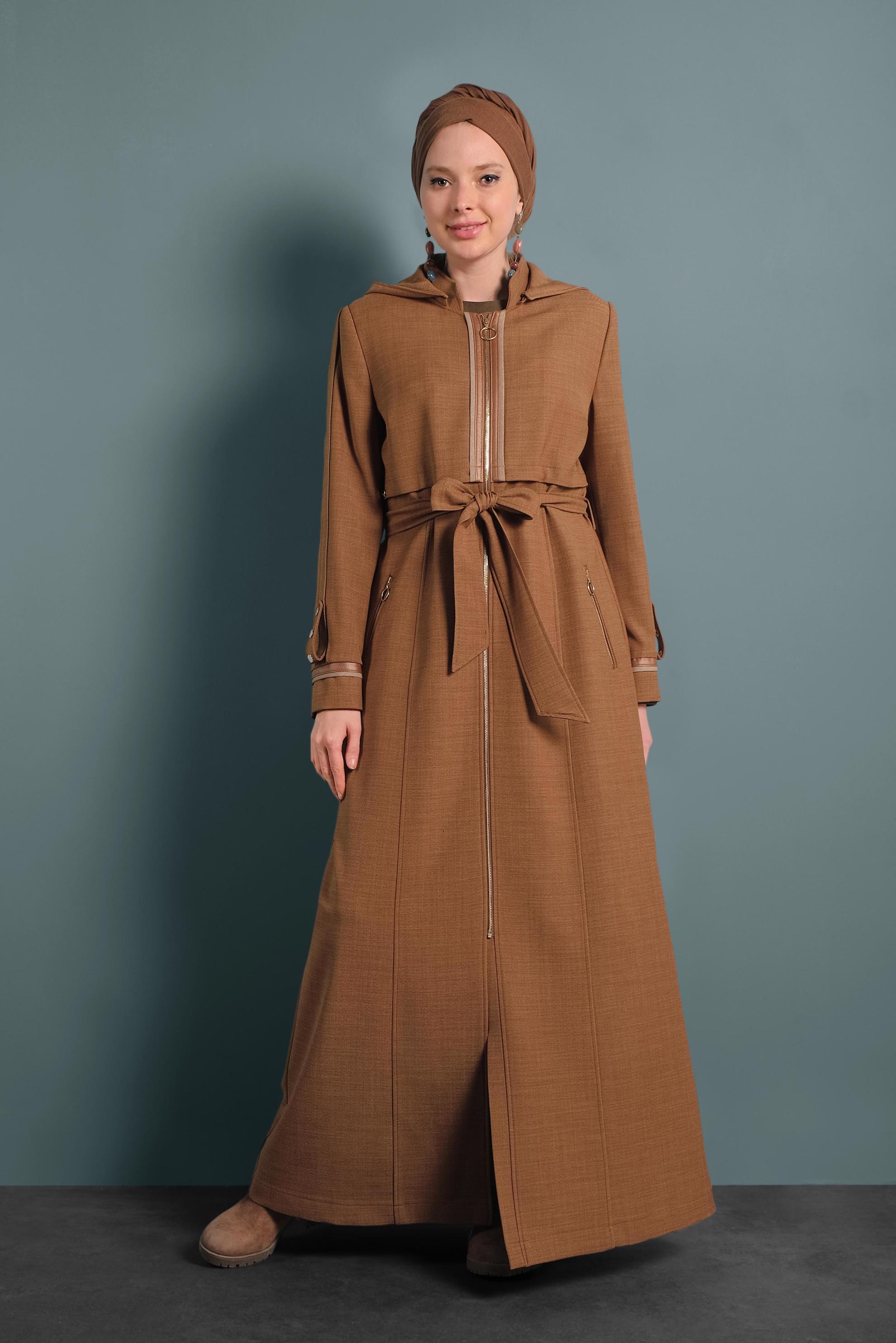 Tesettür giyim KAHVE KAPÜŞONLU PARDESÜ 10131