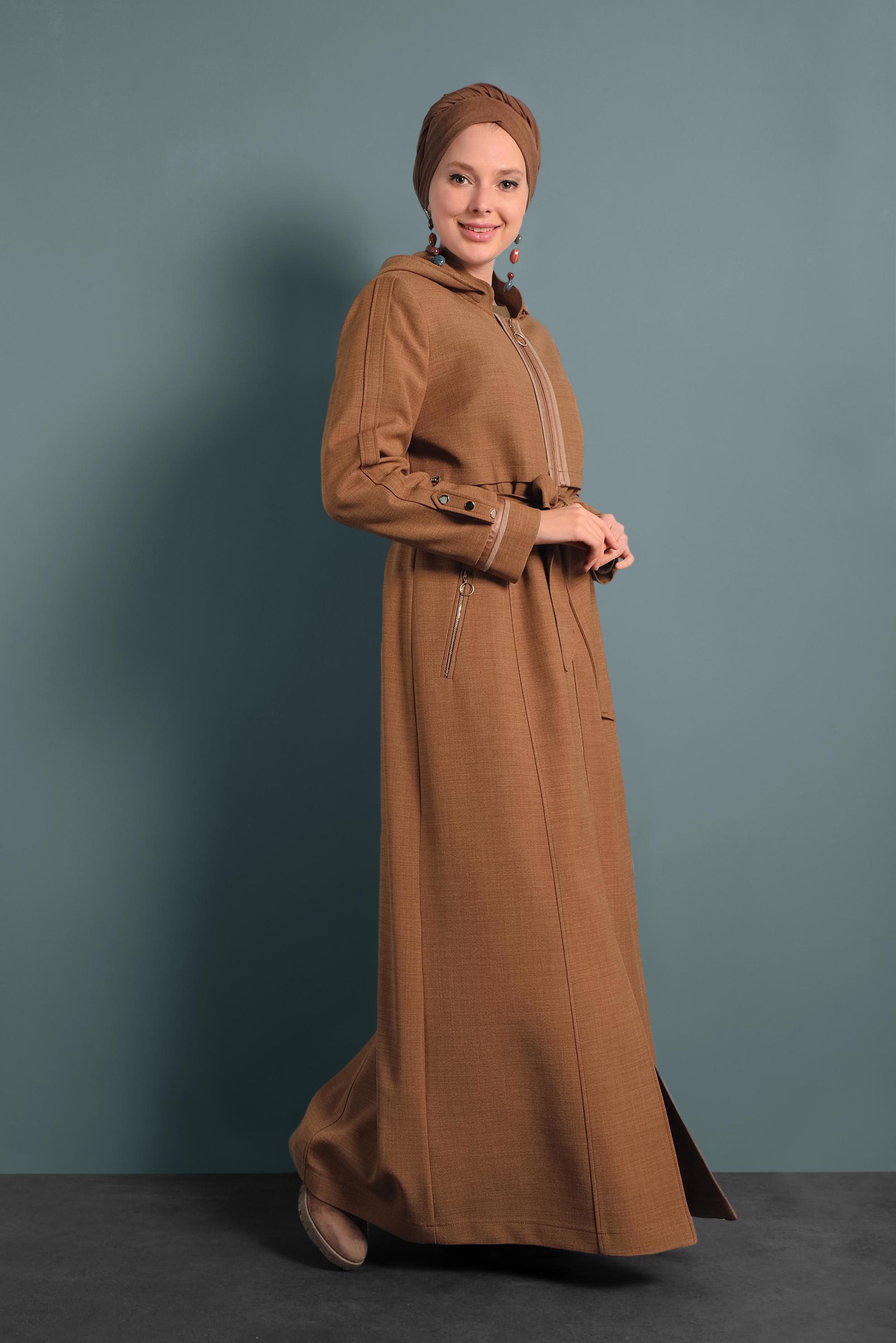 Tesettür giyim KAHVE KAPÜŞONLU PARDESÜ 10131