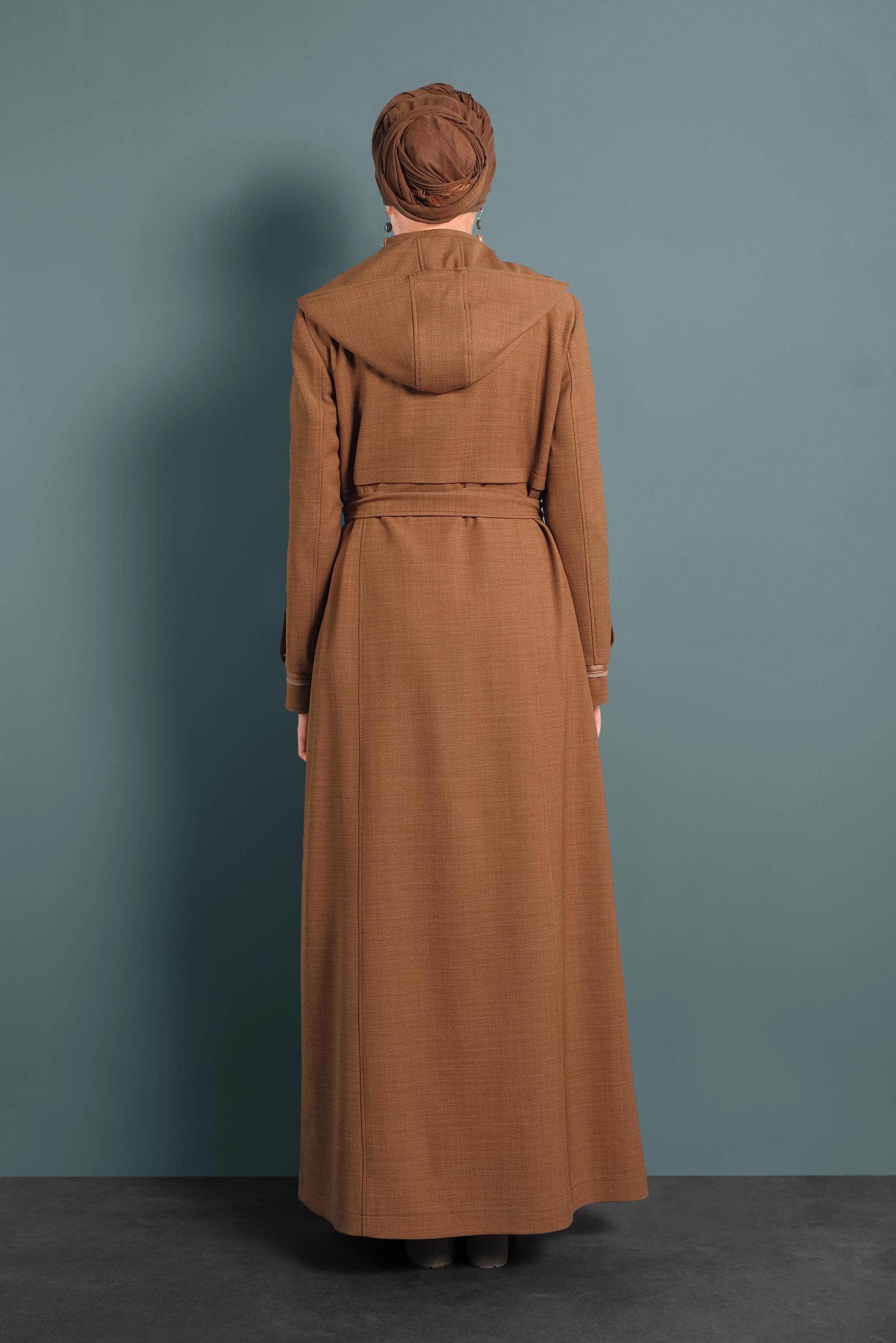 Tesettür giyim KAHVE KAPÜŞONLU PARDESÜ 10131