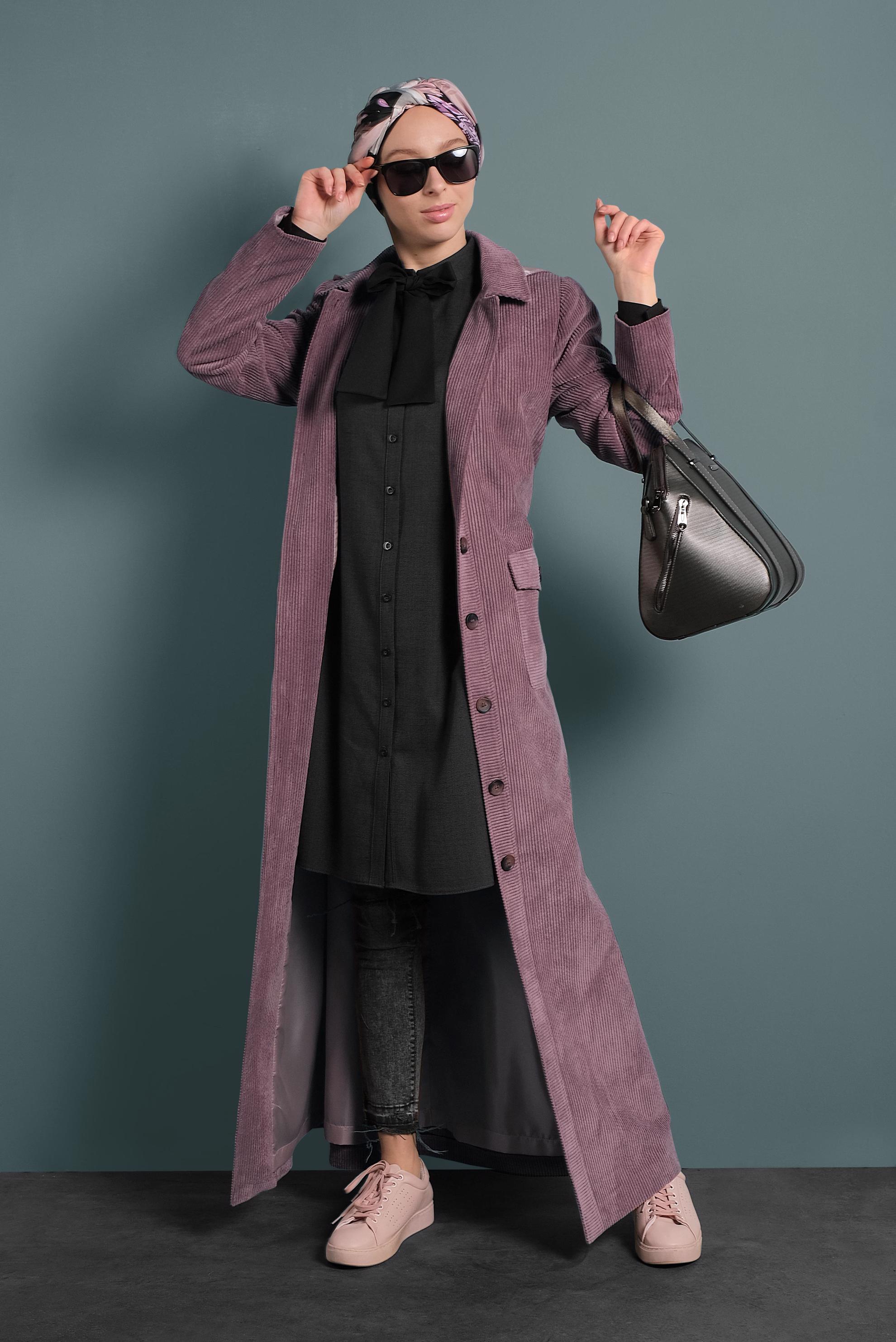 Tesettür giyim PEMBE CEPLİ KAPÜŞONLU PARDESÜ 10143 