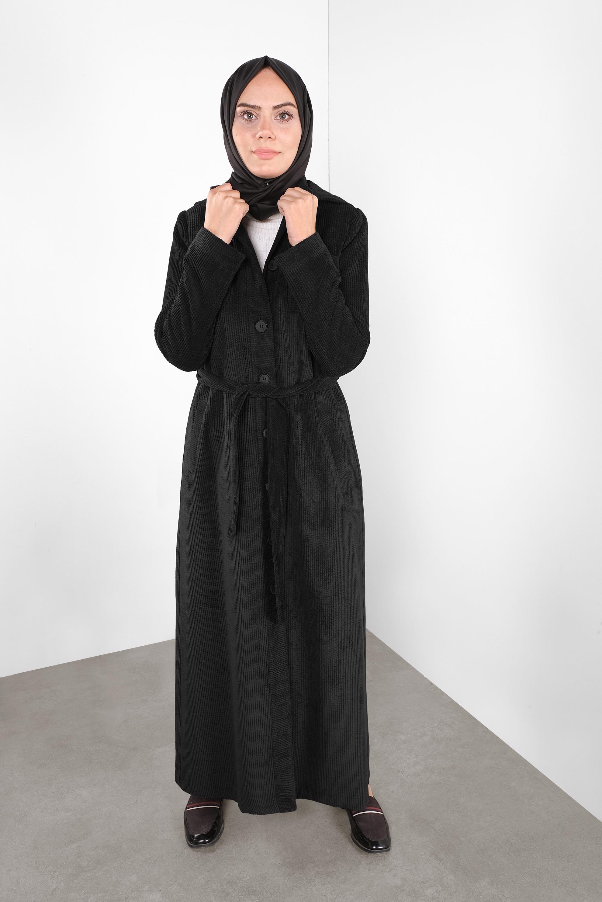 Hijab clothing BLACK HOODED VELVET TOPCOAT 10144 