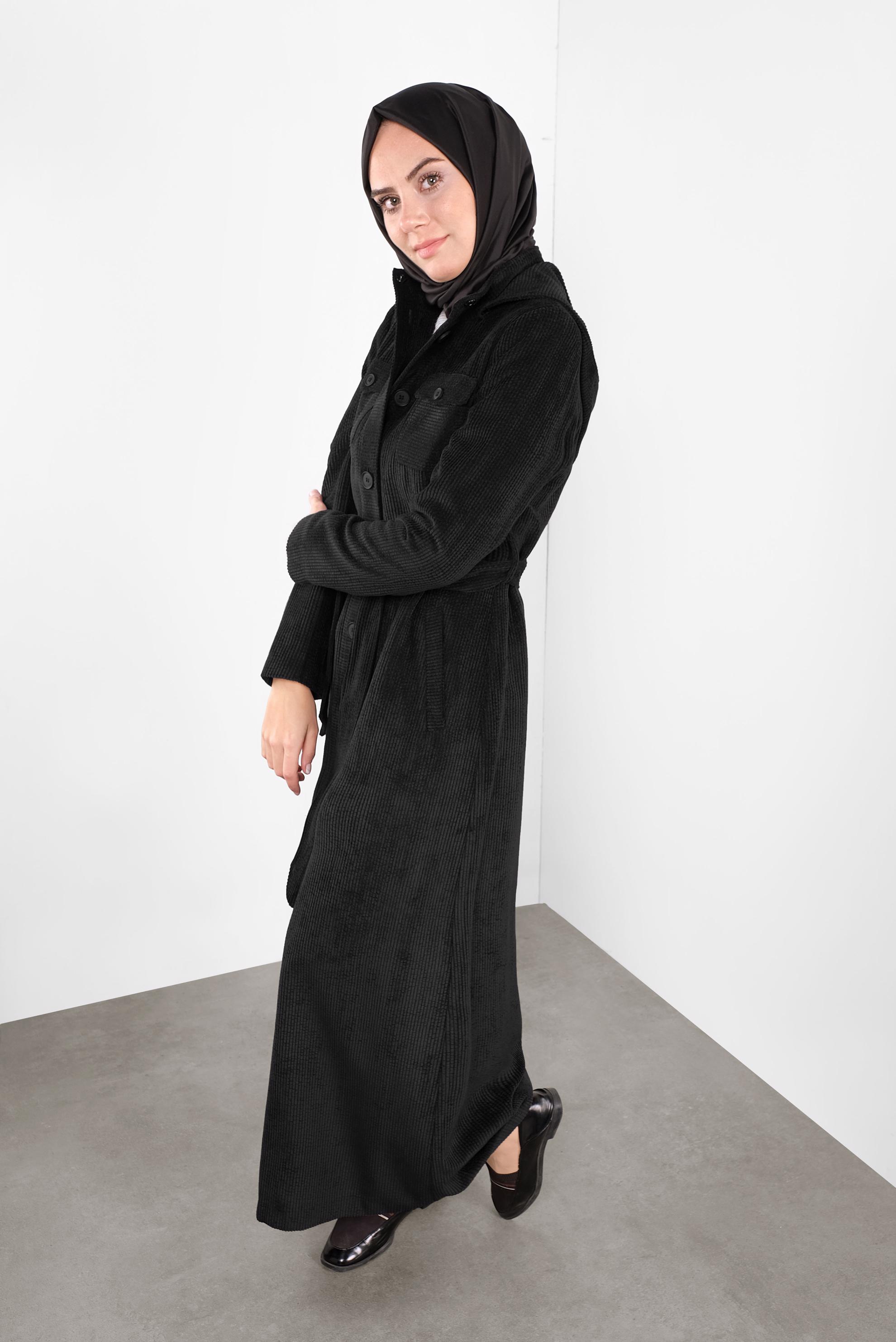 Hijab clothing BLACK HOODED VELVET TOPCOAT 10144 