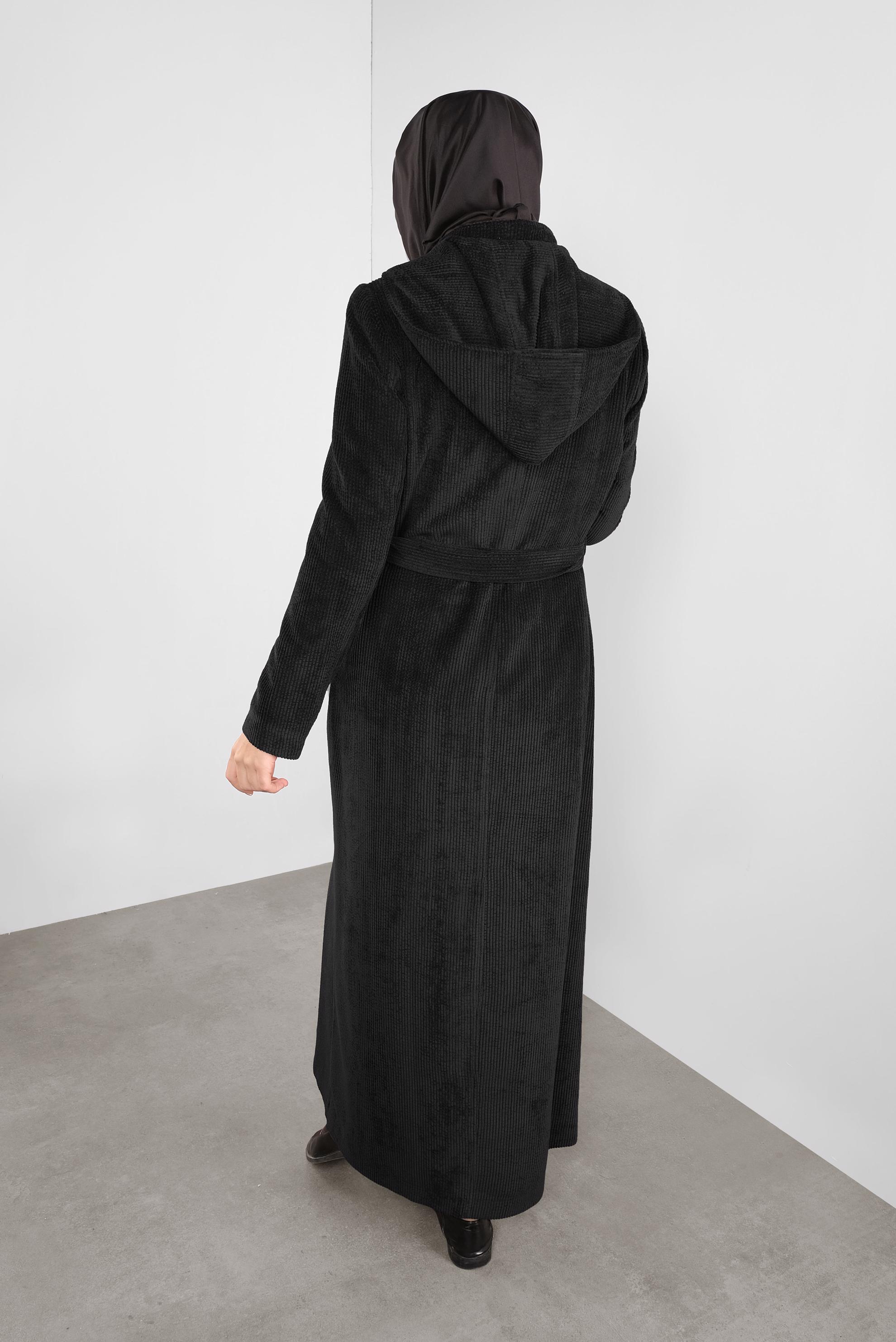 Hijab clothing BLACK HOODED VELVET TOPCOAT 10144 