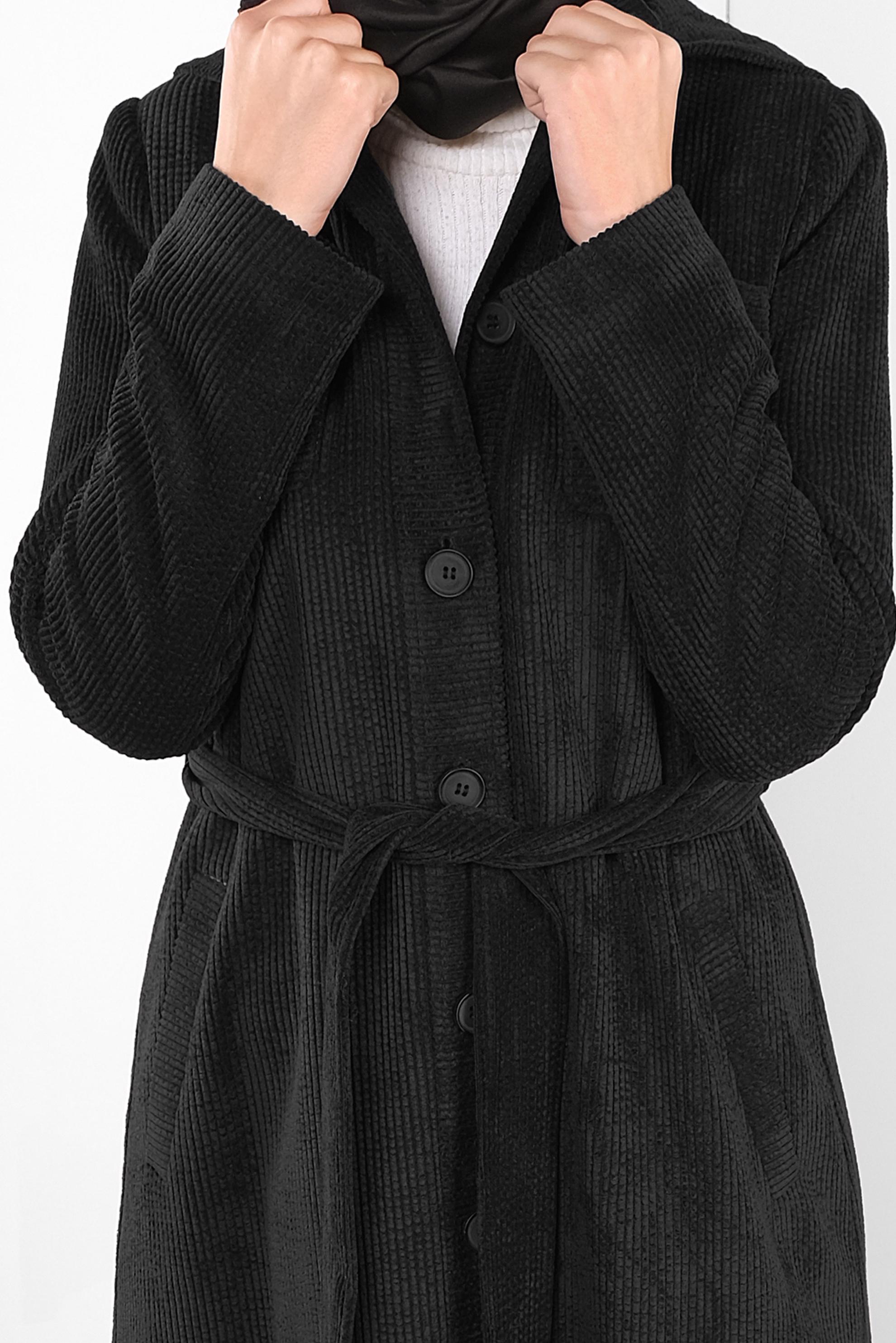 Hijab clothing BLACK HOODED VELVET TOPCOAT 10144 