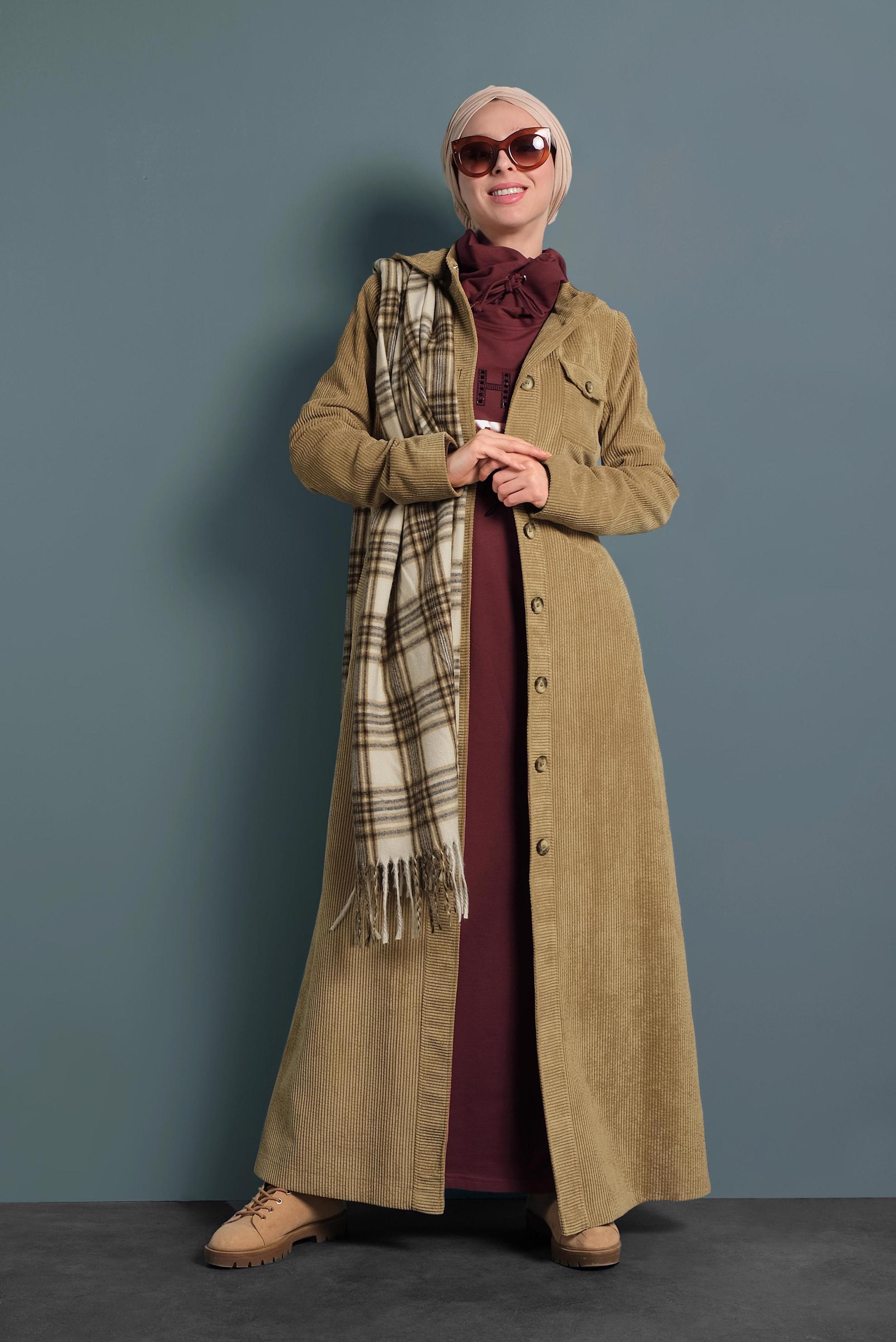 Tesettür giyim KAHVE KAPÜŞONLU KADİFE PARDESÜ 10144 