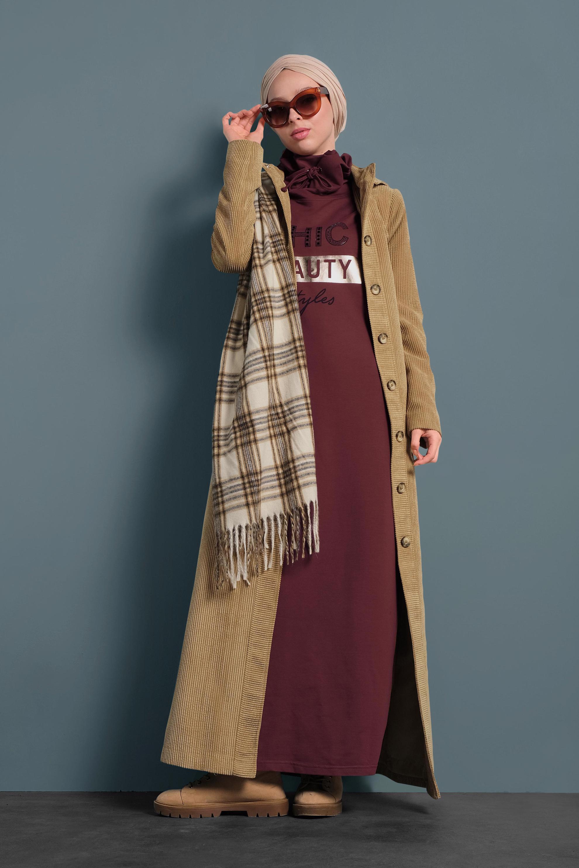 Tesettür giyim KAHVE KAPÜŞONLU KADİFE PARDESÜ 10144 