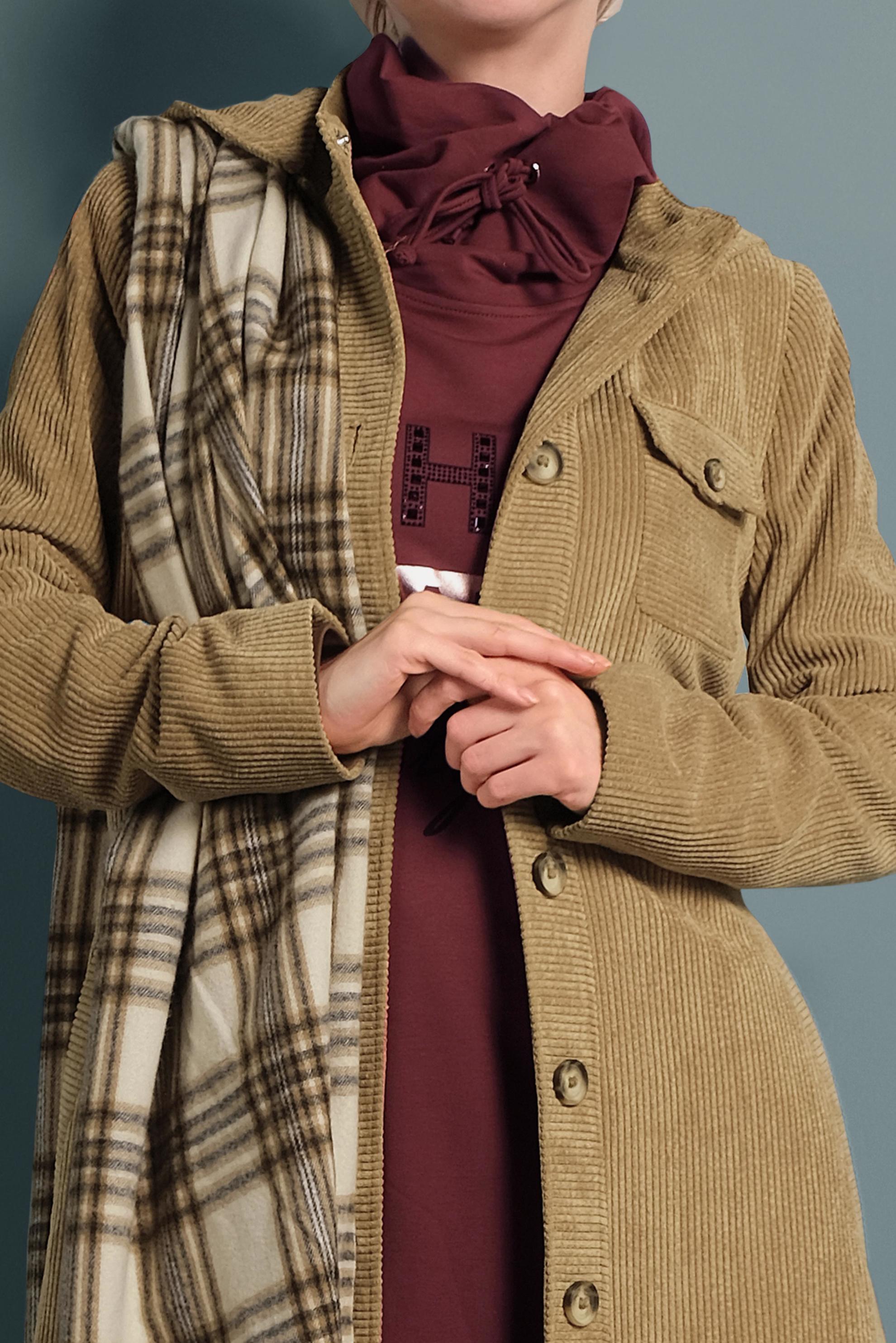 Tesettür giyim KAHVE KAPÜŞONLU KADİFE PARDESÜ 10144 