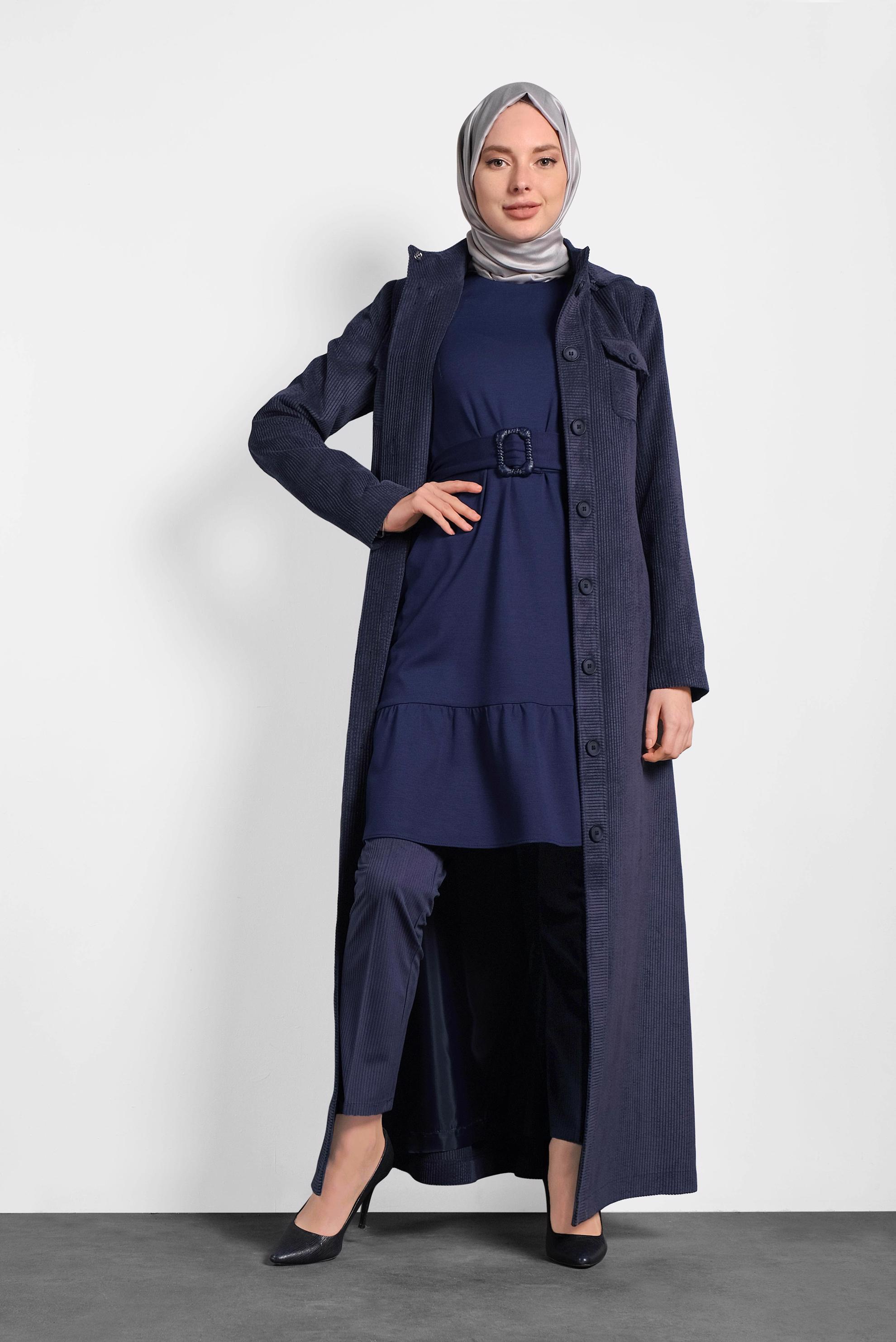 Tesettür giyim LACİVERT KAPÜŞONLU KADİFE PARDESÜ 10144 