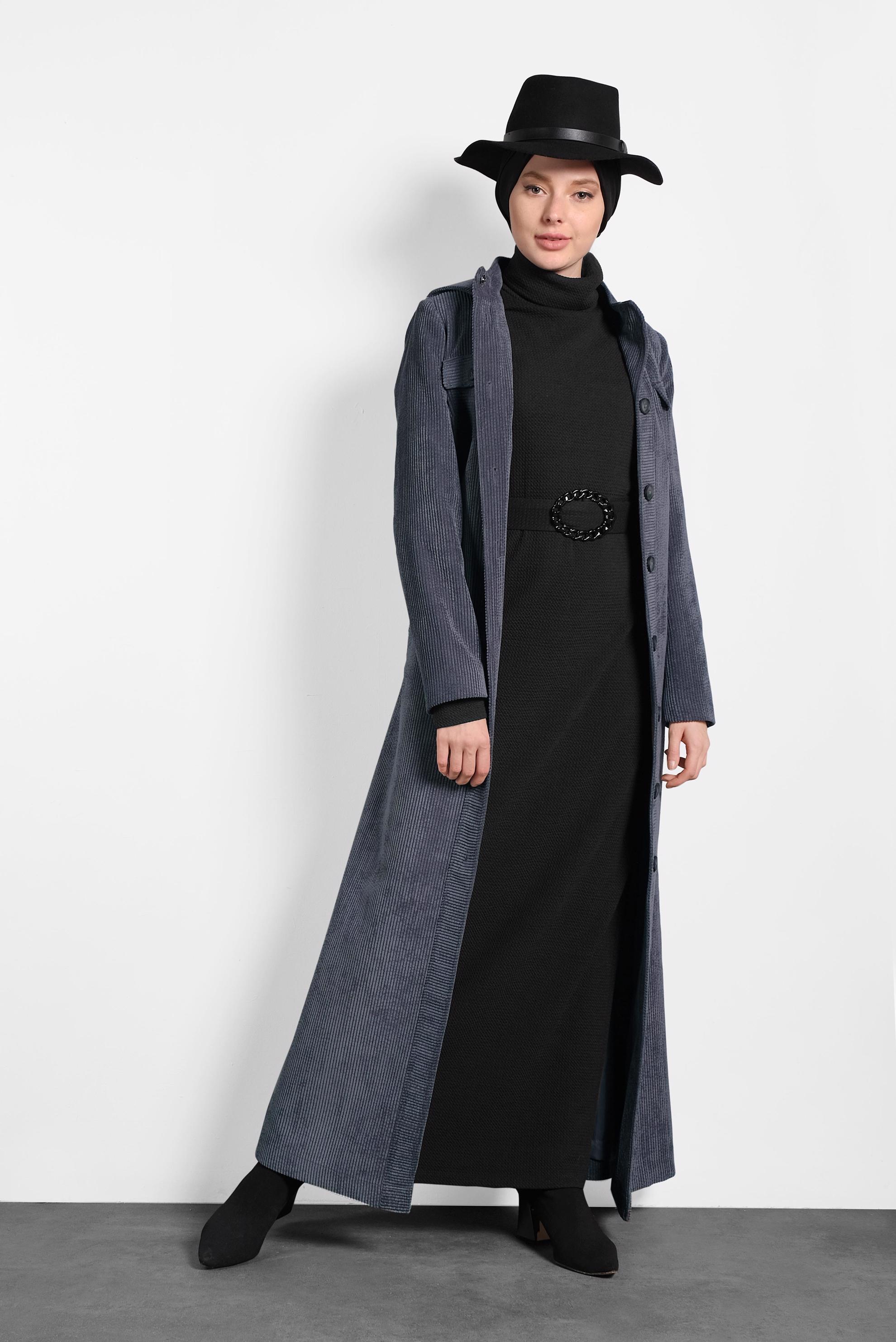 Tesettür giyim GRİ KAPÜŞONLU KADİFE PARDESÜ 10144 