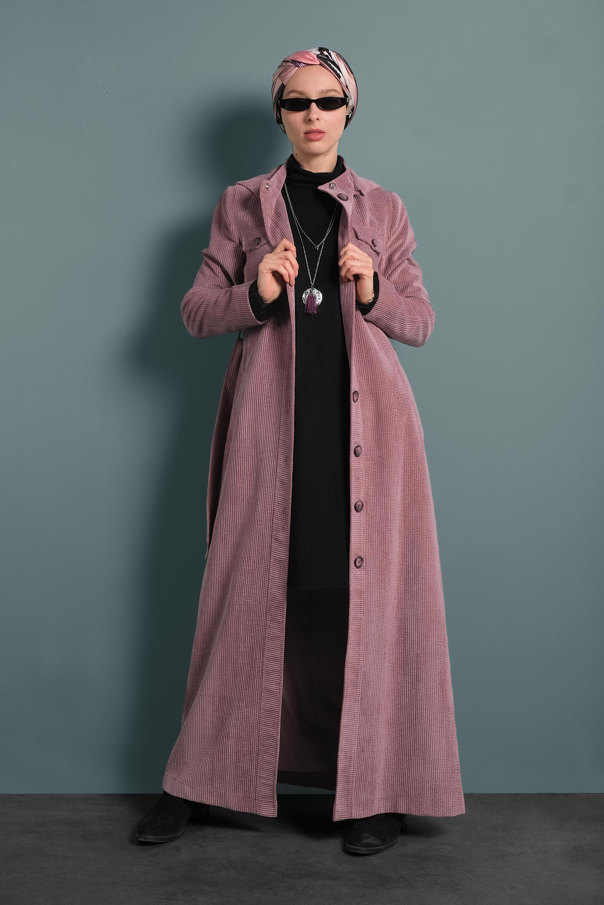 Hijab clothing PINK HOODED VELVET TOPCOAT 10144 