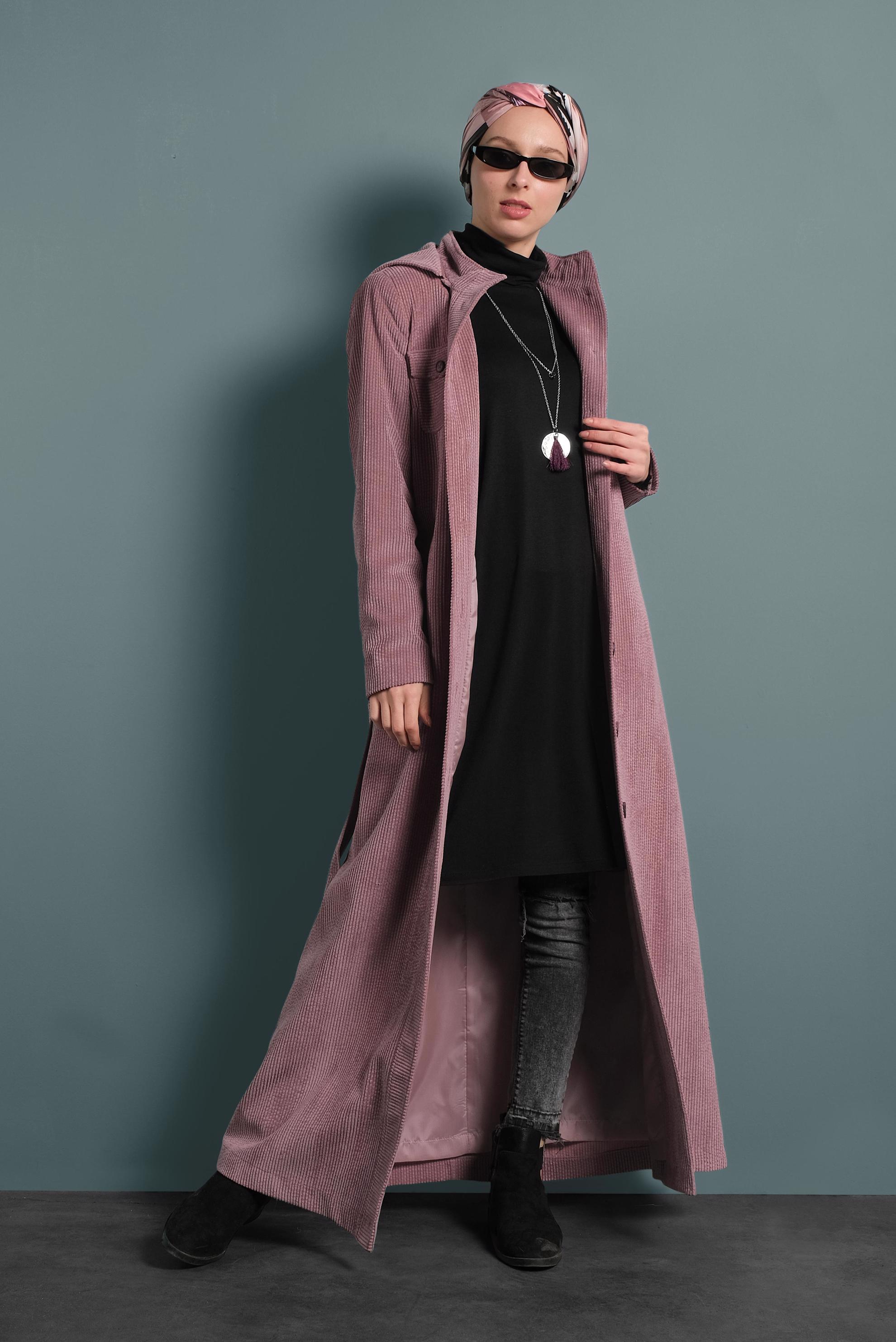 Hijab clothing PINK HOODED VELVET TOPCOAT 10144 