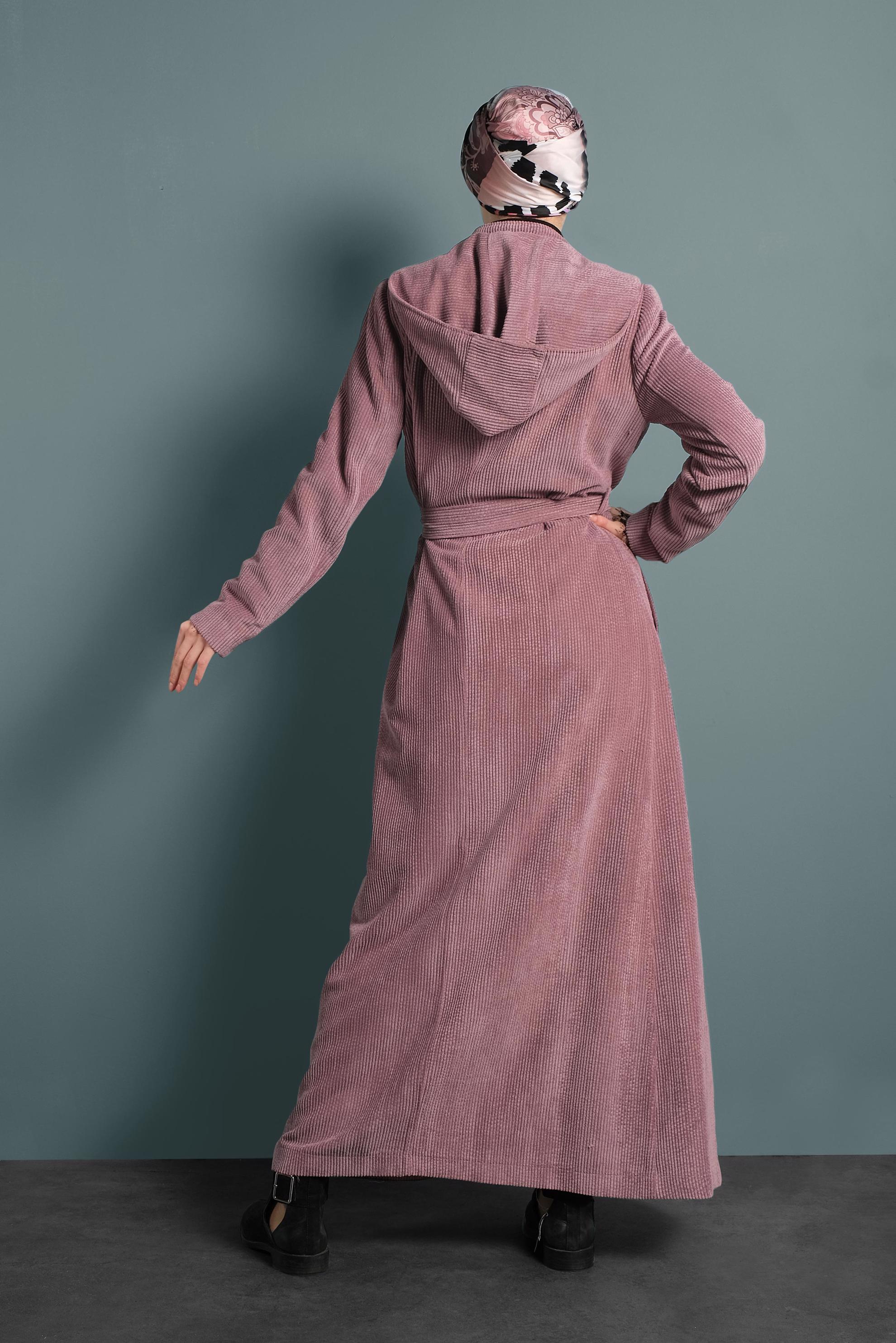 Hijab clothing PINK HOODED VELVET TOPCOAT 10144 