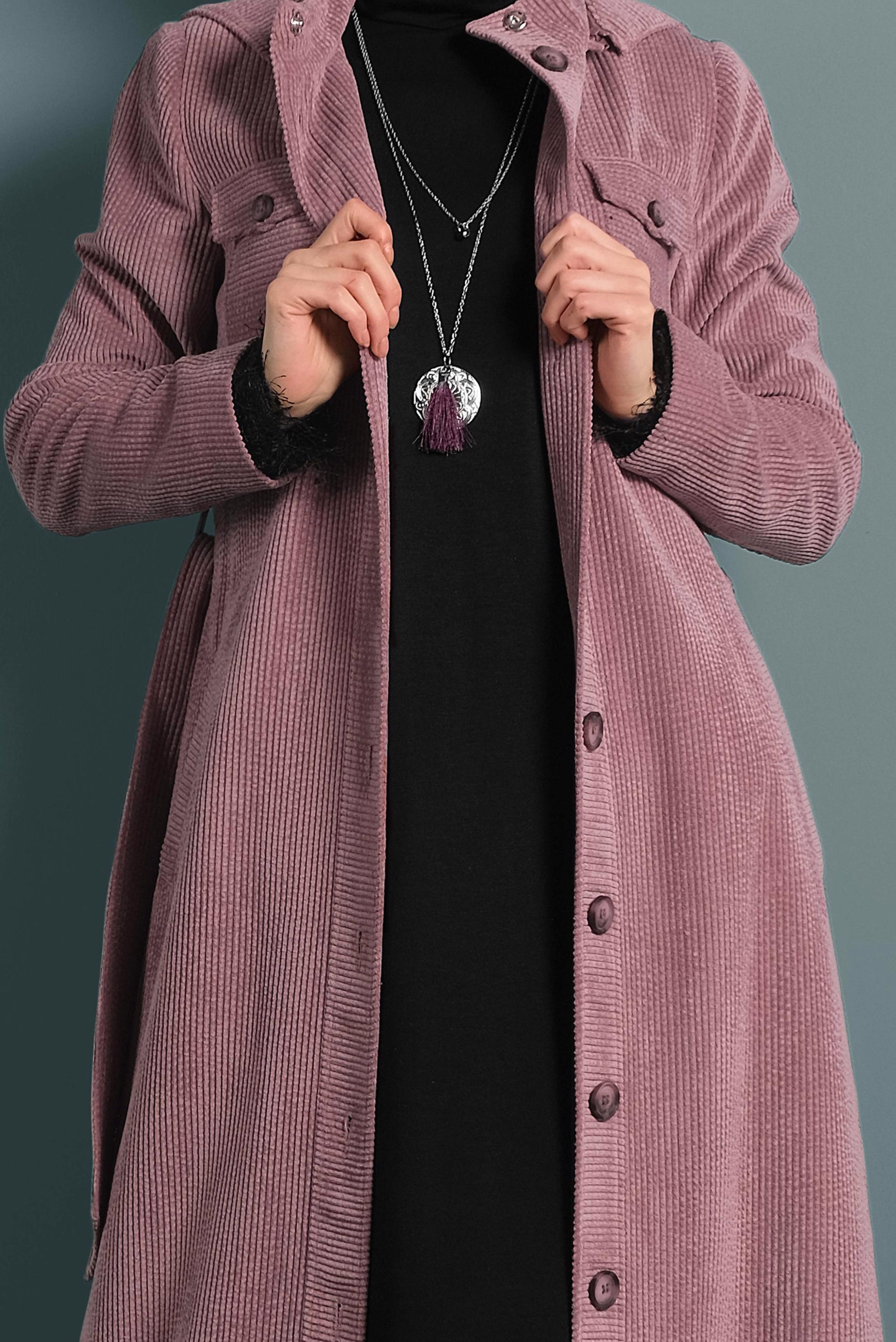 Hijab clothing PINK HOODED VELVET TOPCOAT 10144 