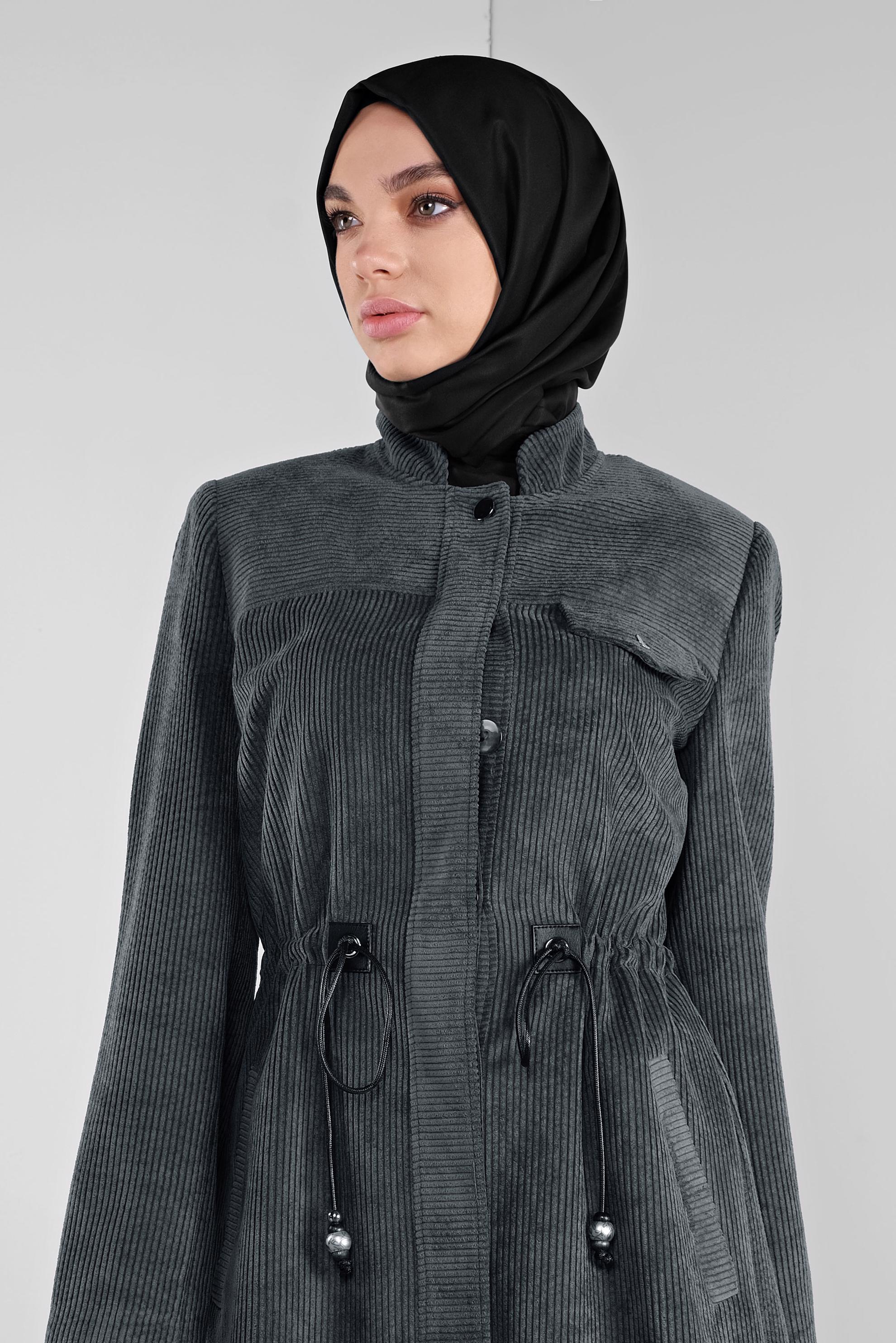 Tesettür giyim GRİ KADİFE DÜĞMELİ PARDESÜ 10145