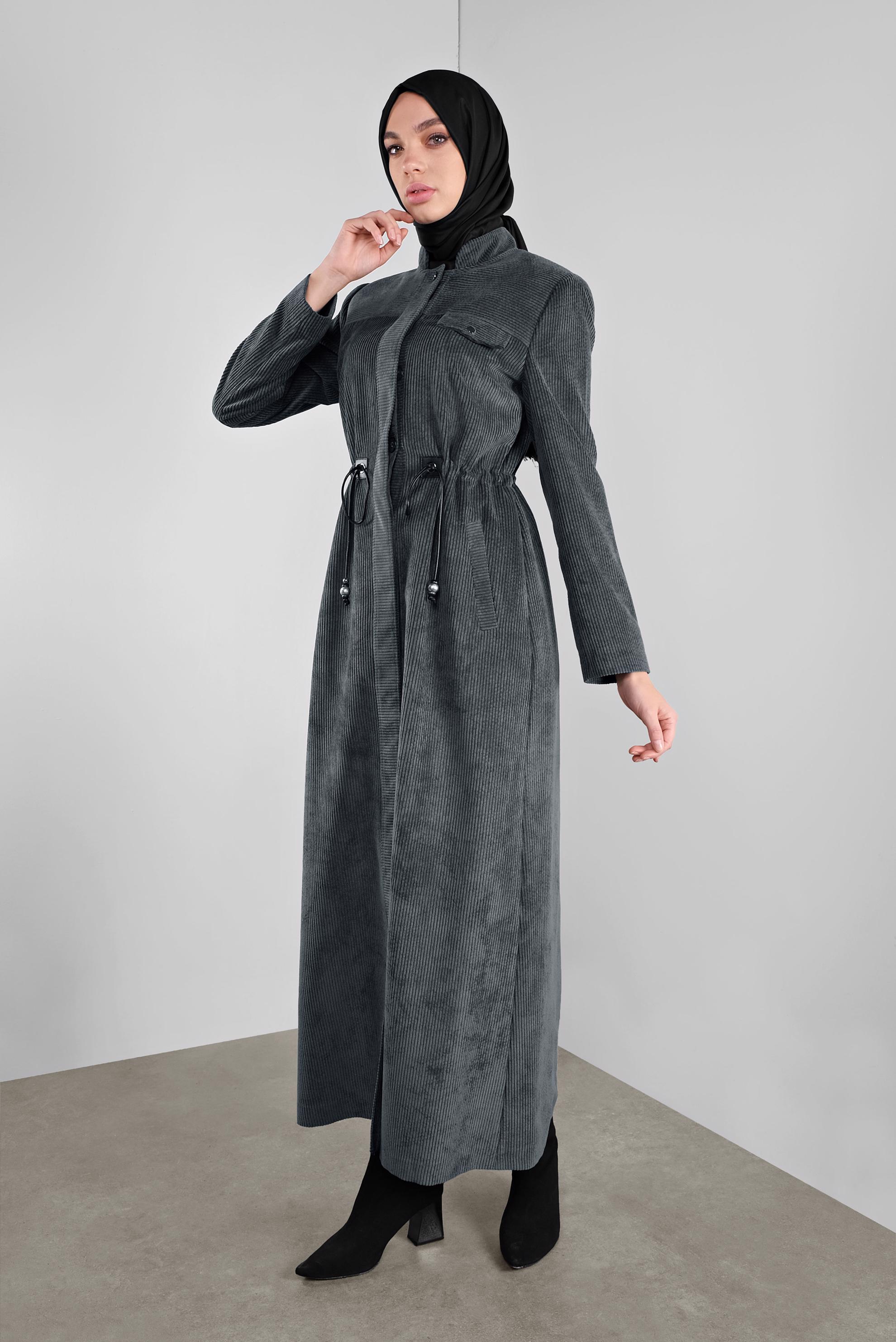 Tesettür giyim GRİ KADİFE DÜĞMELİ PARDESÜ 10145