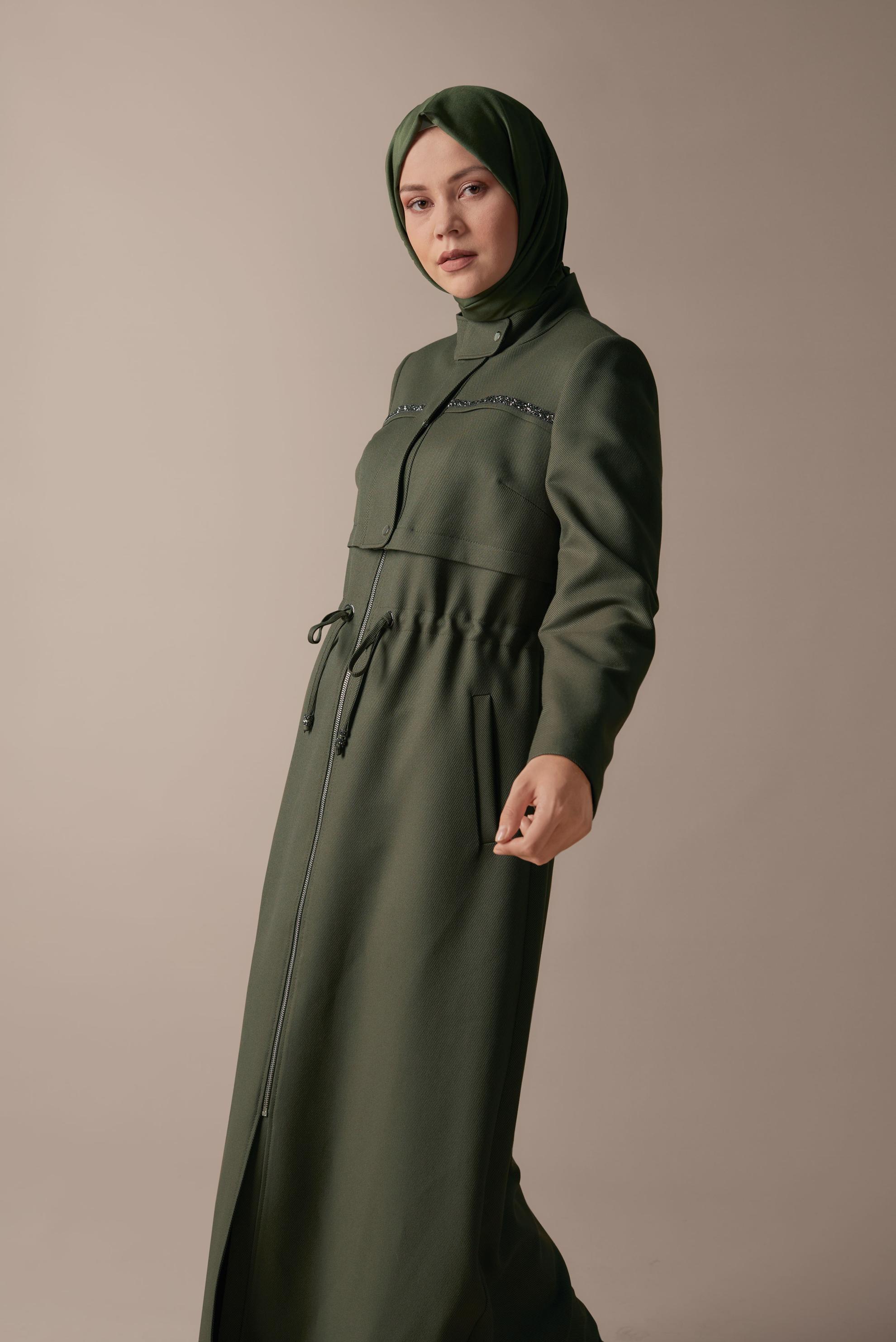 Tesettür giyim HAKİ BELİ BAĞCIKLI PARDESÜ 10281