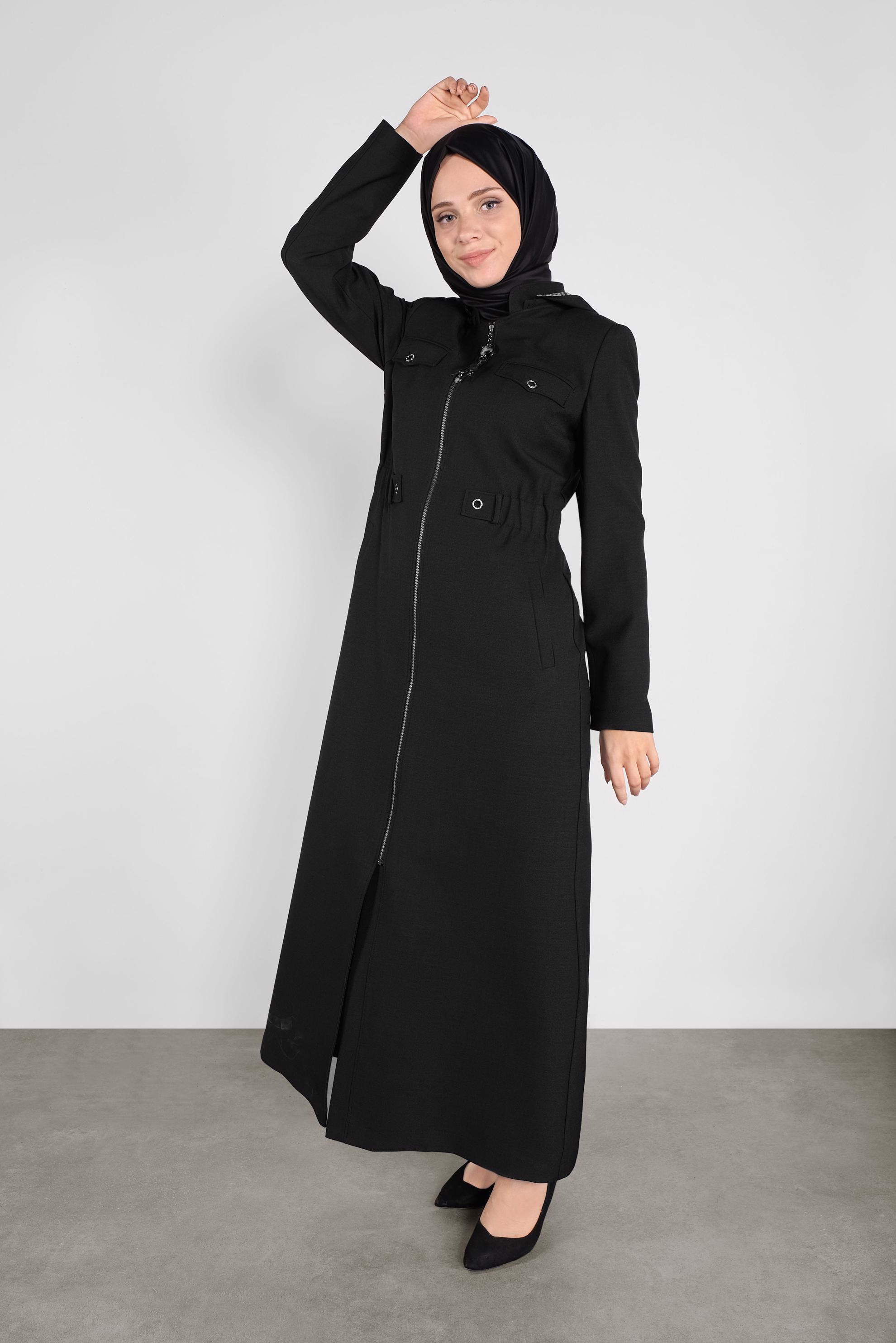 Tesettür giyim SİYAH LEOPAR DESENLİ KAPÜŞONLU PARDESÜ 10282 