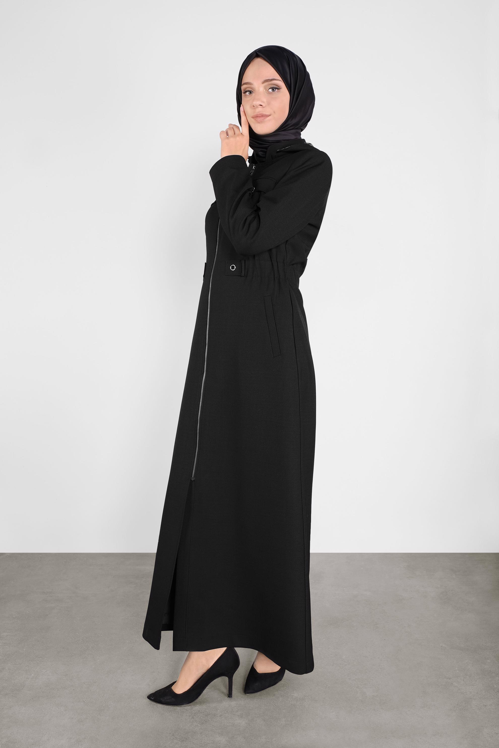 Tesettür giyim SİYAH LEOPAR DESENLİ KAPÜŞONLU PARDESÜ 10282 