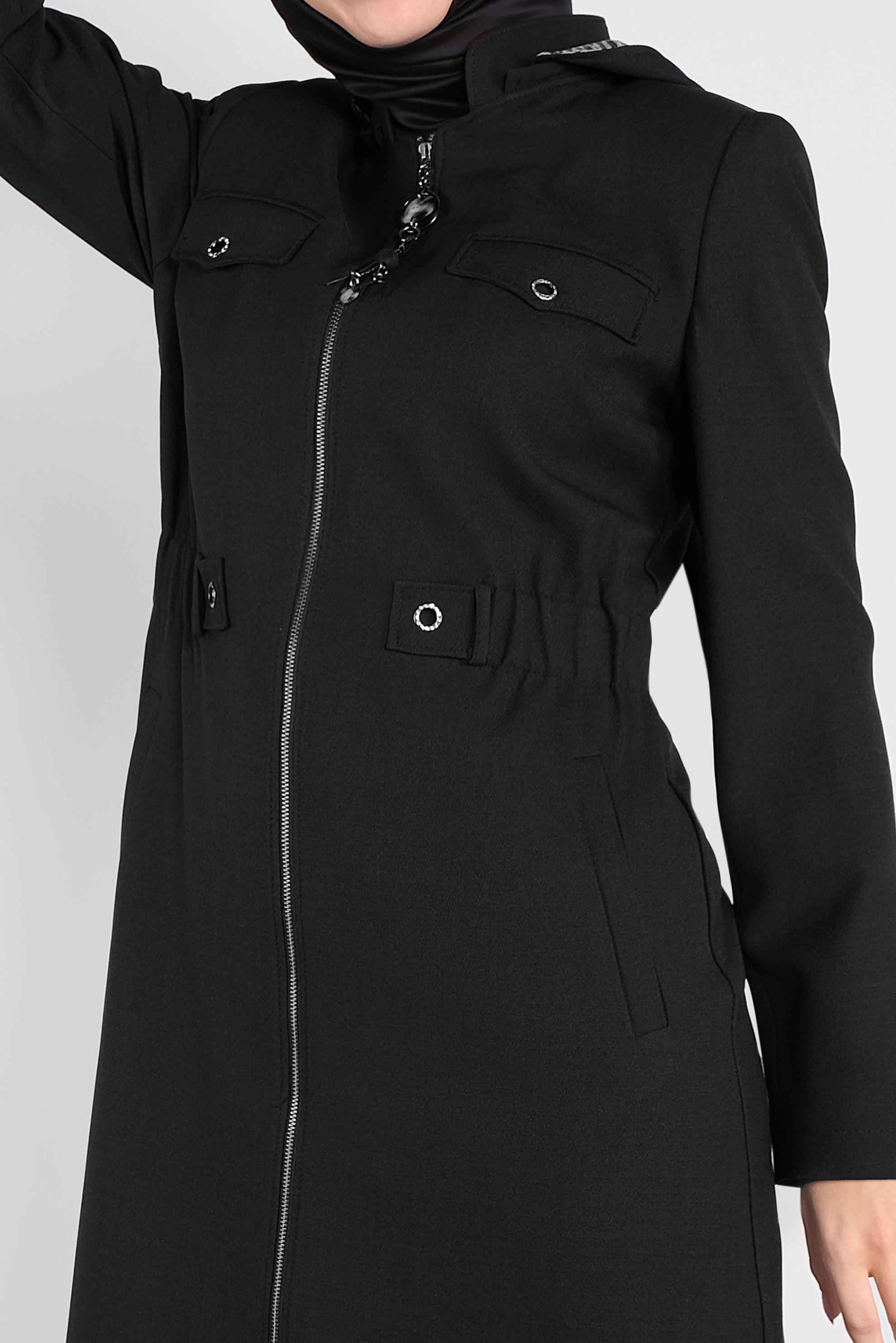 Tesettür giyim SİYAH LEOPAR DESENLİ KAPÜŞONLU PARDESÜ 10282 