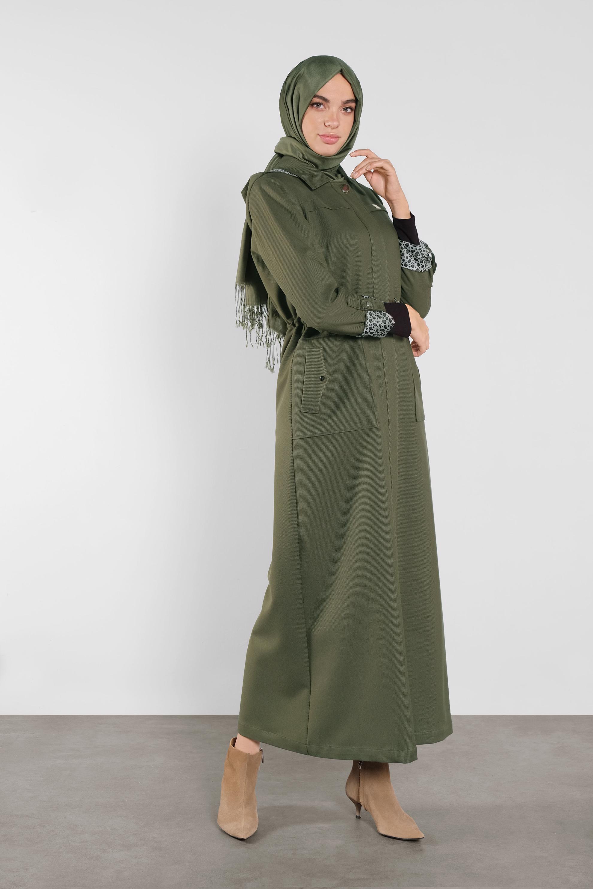 Tesettür giyim HAKİ LEOPAR ASTARLI PARDESÜ 10283 