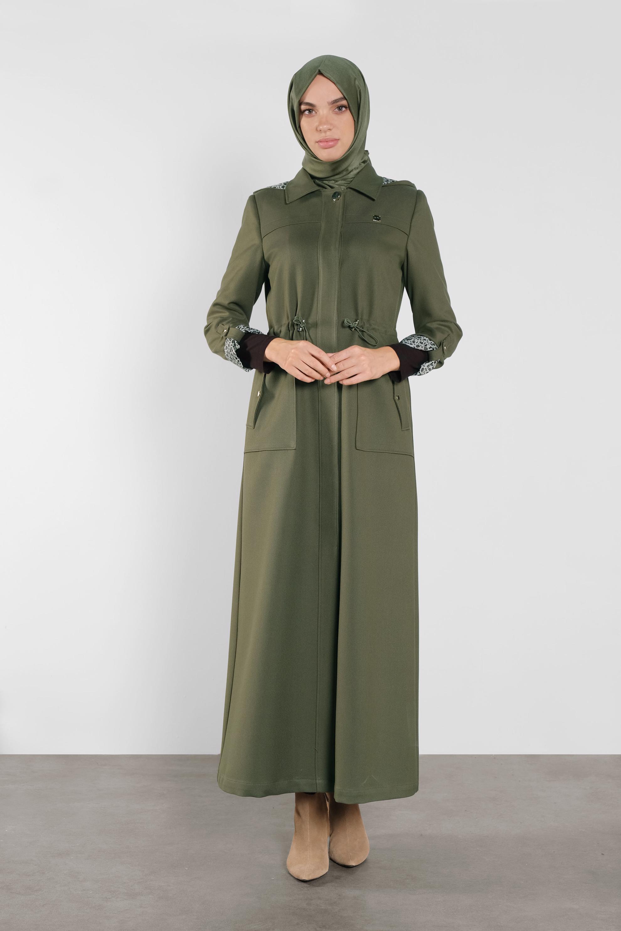 Tesettür giyim HAKİ LEOPAR ASTARLI PARDESÜ 10283 