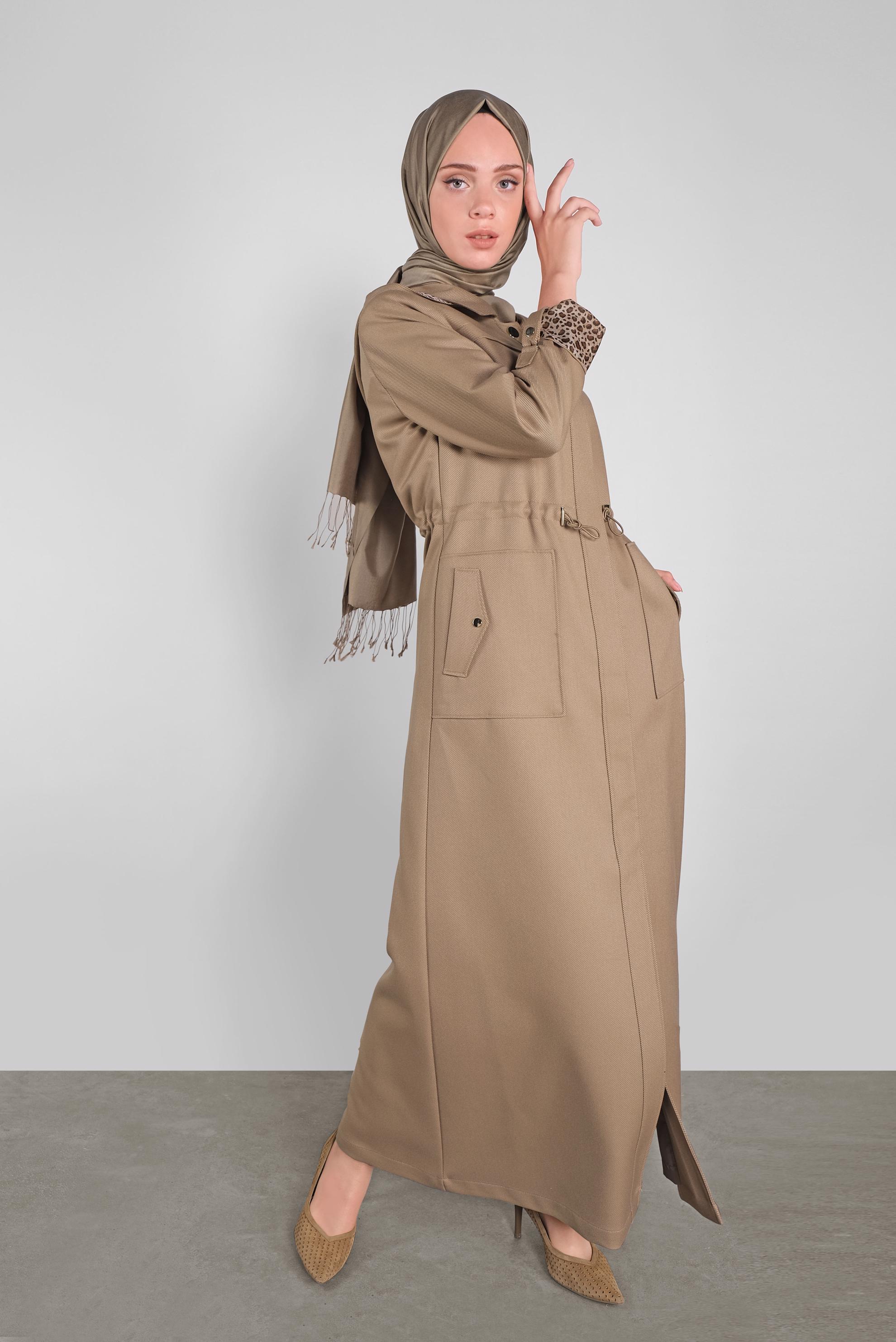 Tesettür giyim KAHVE LEOPAR ASTARLI PARDESÜ 10283 