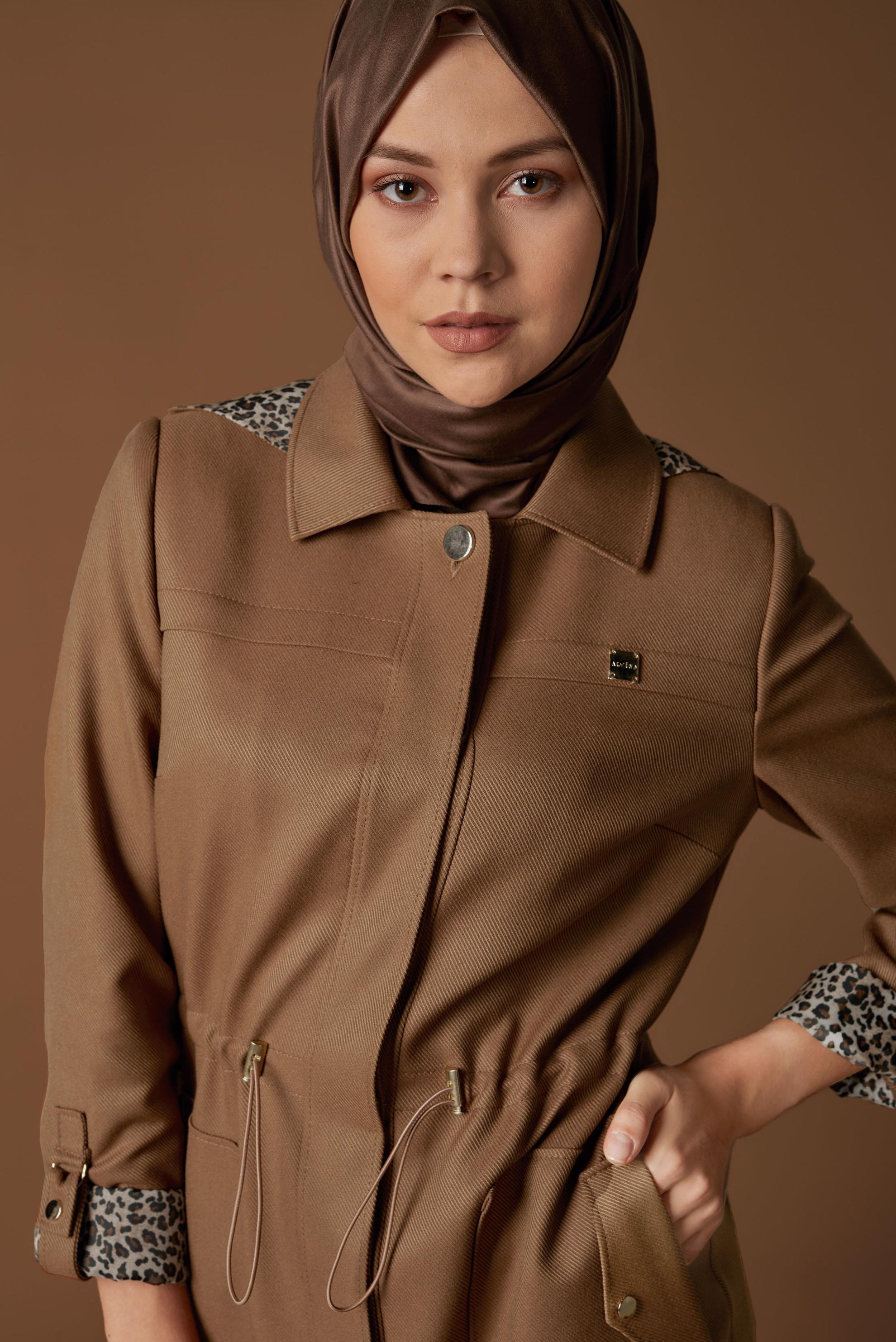 Tesettür giyim TABA LEOPAR ASTARLI PARDESÜ 10283 