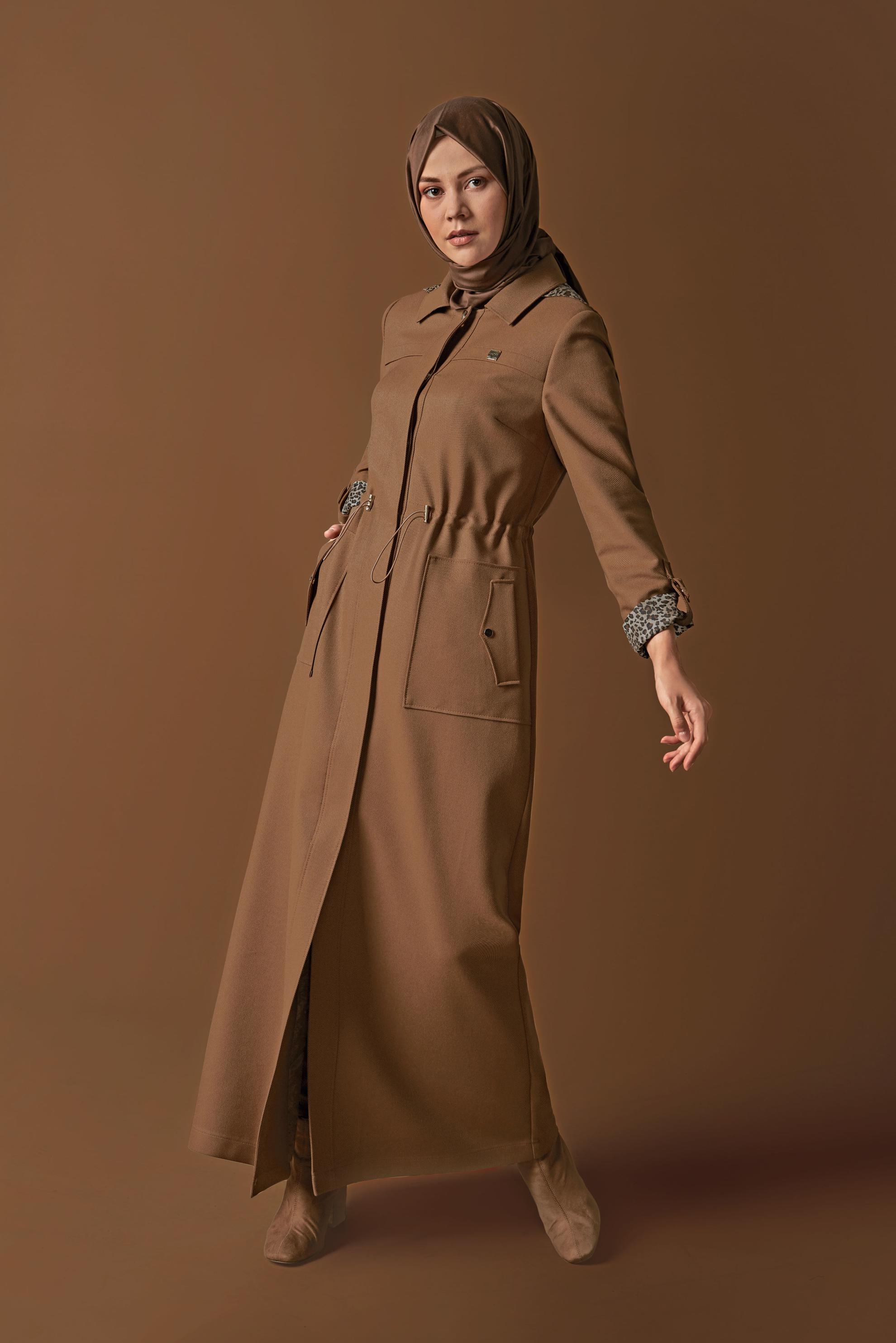 Tesettür giyim TABA LEOPAR ASTARLI PARDESÜ 10283 