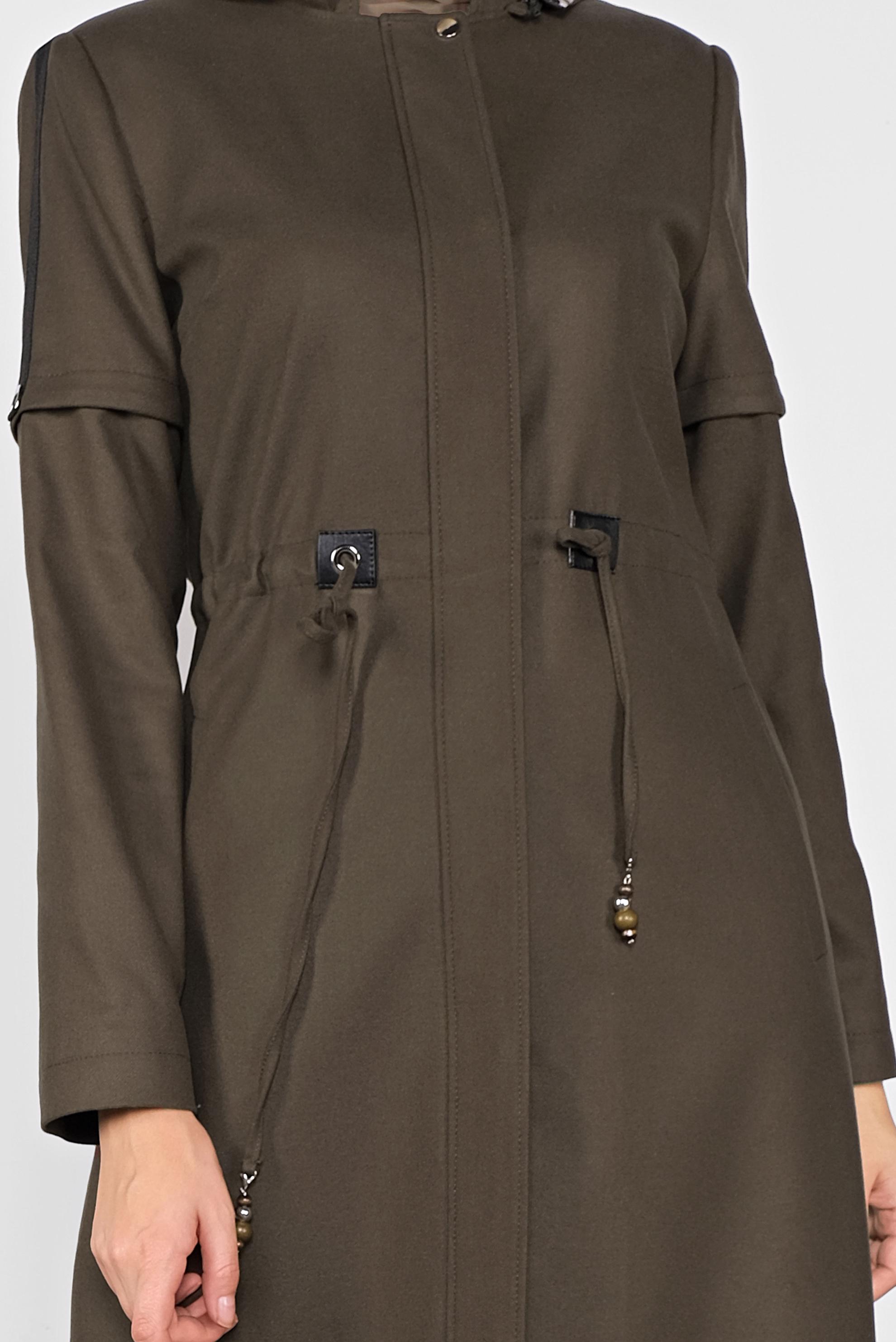 Tesettür giyim HAKİ BEL KISMI BÜZGÜ BAĞCIKLI KAPÜŞONLU PARDESÜ 10284